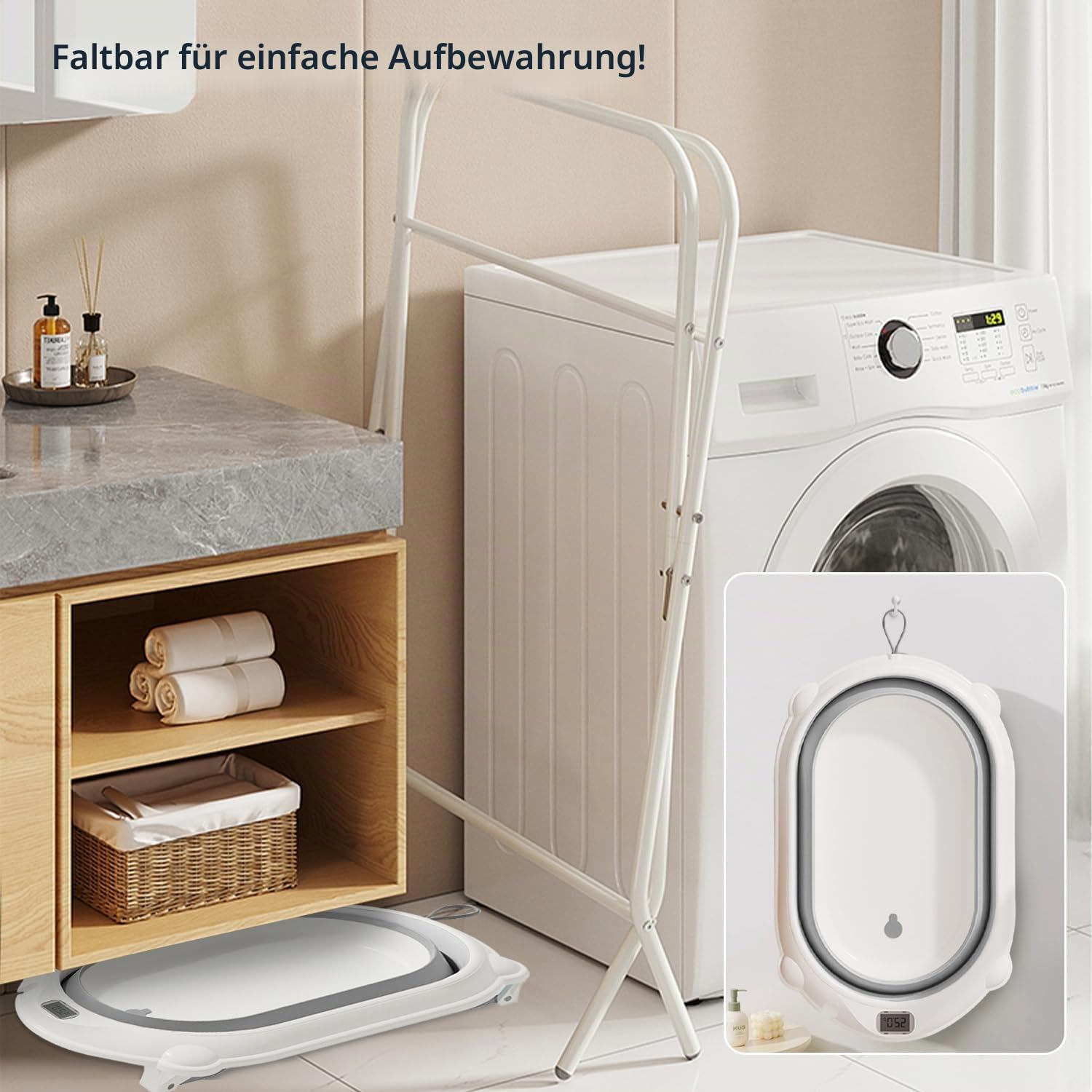 UBRAVOO Faltbare Babybadewanne – Ständer + Thermometer + Badekissen, Für Neugeborene bis 12 Monate (Grau)