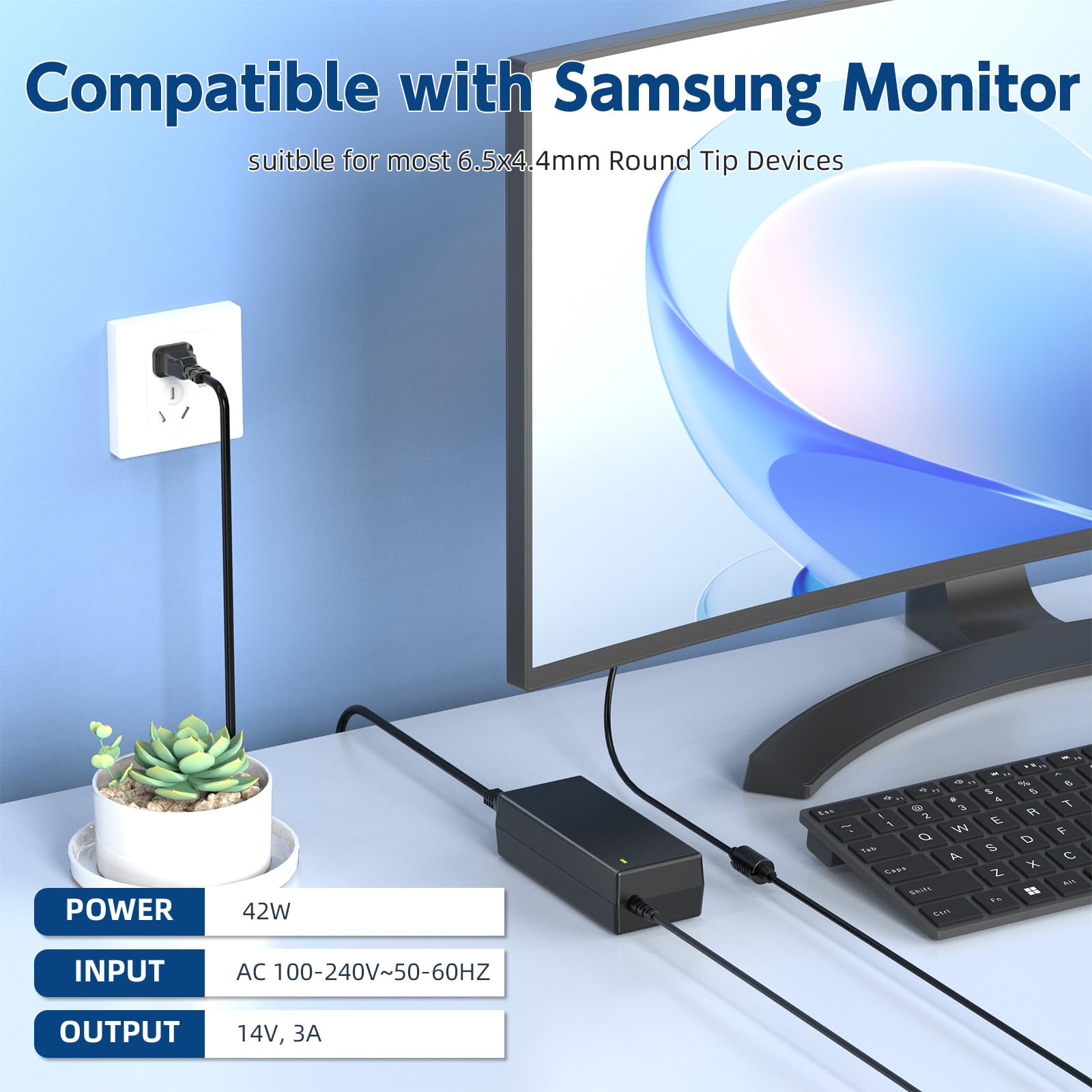 Cable de alimentación de 14 V compatible con Samsung Monitor S20A350B, S22D300HY S24F350FH, C24F390FHN C27F390FHN C27F396FHN S27D396FHN S27DD 80H Fuente de alimentación de TV 28E570D 2
