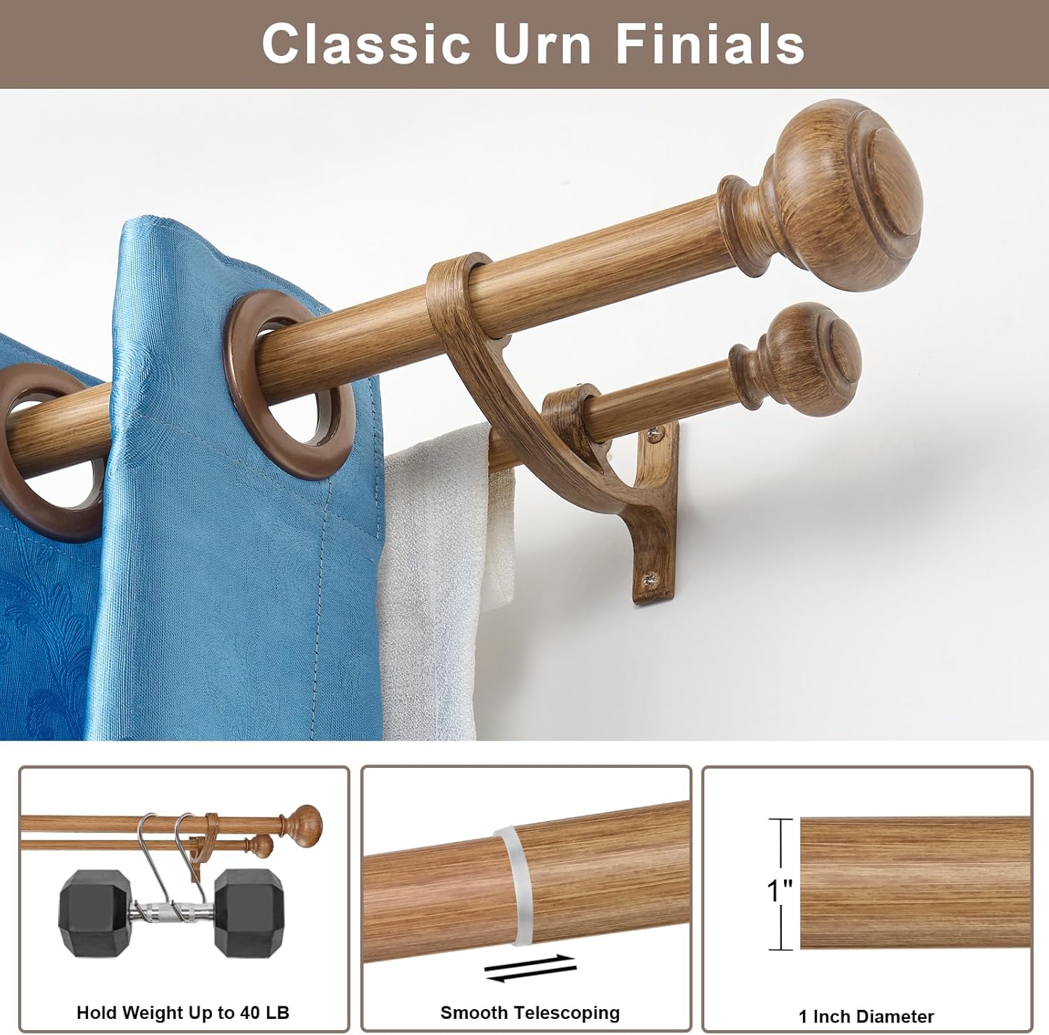 Wood Double Curtain Rods 72-144 Inch(6-12ft), Heavy Duty Drapery Rod with Aluminum Alloy Brackets, Adjustable 1-Inch Front and 5/8 Inch Back Double Window Rod with Imitation Wood Grain Finials