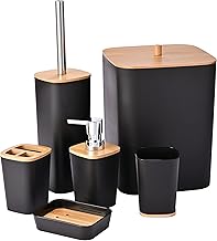 مجموعة إكسسوارات حمام من البامبو من يوركميلز، مجموعة ملحقات الحمام، سلة حمام وفرشاة المرحاض، سلة مهملات عصرية، موزع صابون مع مضخة، حامل فرشاة الأسنان، صبانة، 6 قطع