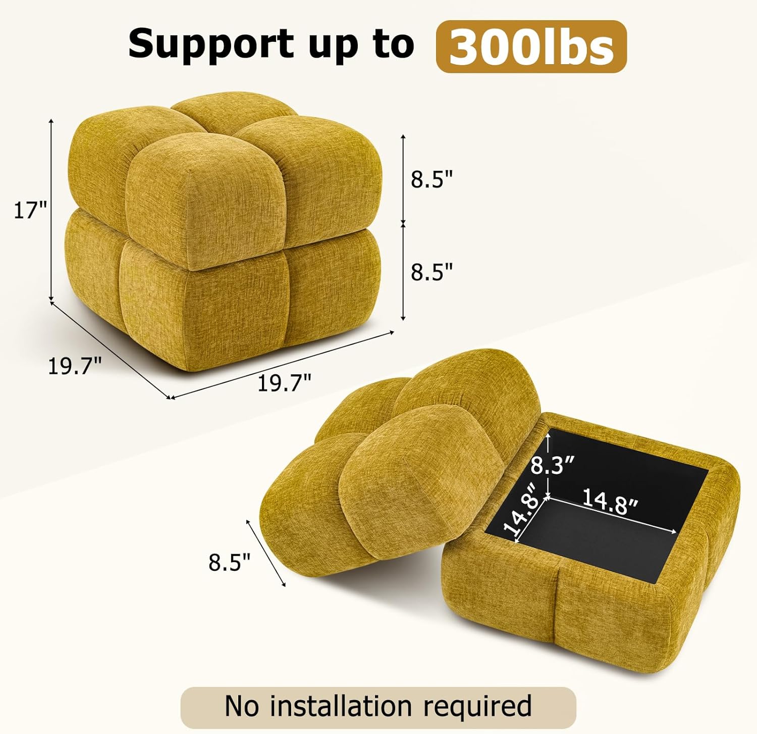Oversized Pouf Ottoman with Storage, Round Foot Stools Ottoman Lift-top Plush Upholstered Vanity Stool for Living Room Bedroom, Hide Clutter, Easy-Clean, No Assembly Required, Orange