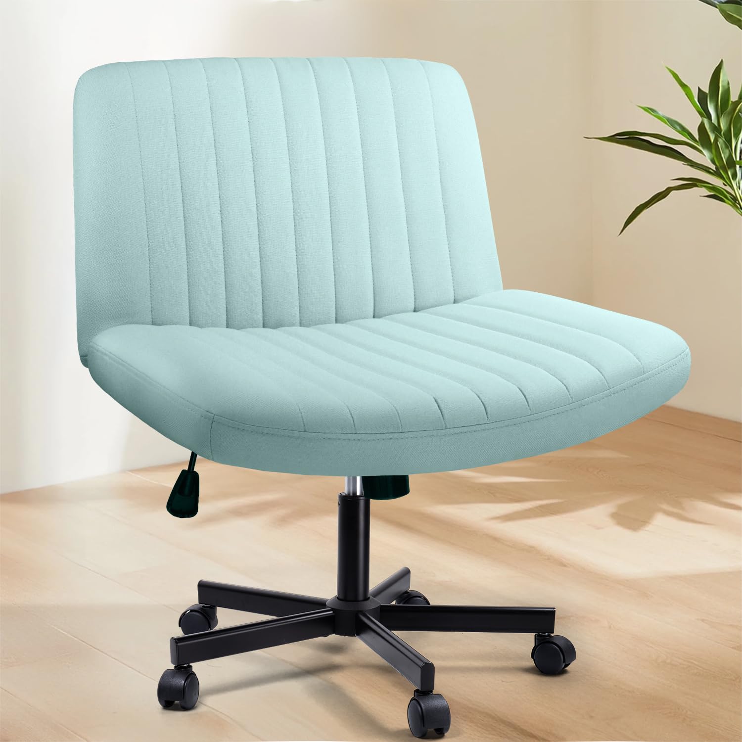 Criss Cross Chair with Wheels, Armless Cross Legged Office Vanity Chair, Comfortable Fabric Wide Swivel Criss Cross Desk Chair for Home Office, Adjustable Vanity Criss Cross Chair with Back, Green