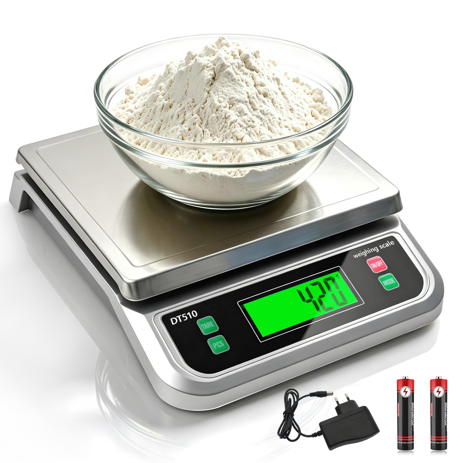 Küchenwaage Digital, 40KG Küchenwaage mit PCS zählen und Tara Funktion Küchen waage mit 6 Maßeinheiten g/kg/lb/oz/ml/milk-ml und LCD Display Edelstahl Wiegefläche zum Backen und Kochen Silber