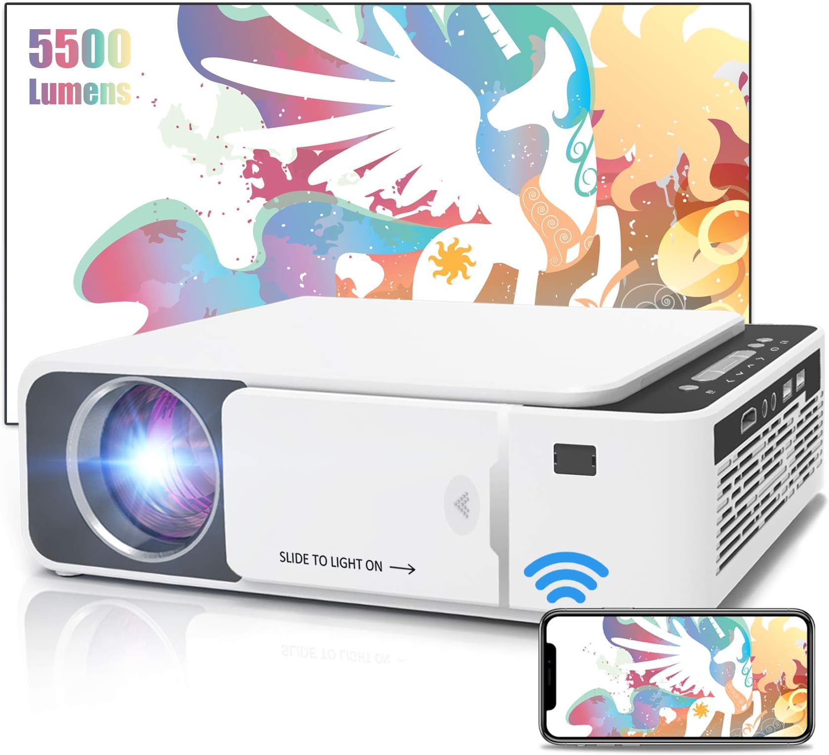 Mini Projector Native 720P Wifi Projector Portable HD Projector, 5500 Lumen, Max 180” Display, Wireless Screen Cast for iOS Android, Support 1080P HDMI / USB / VGA / AV Devices