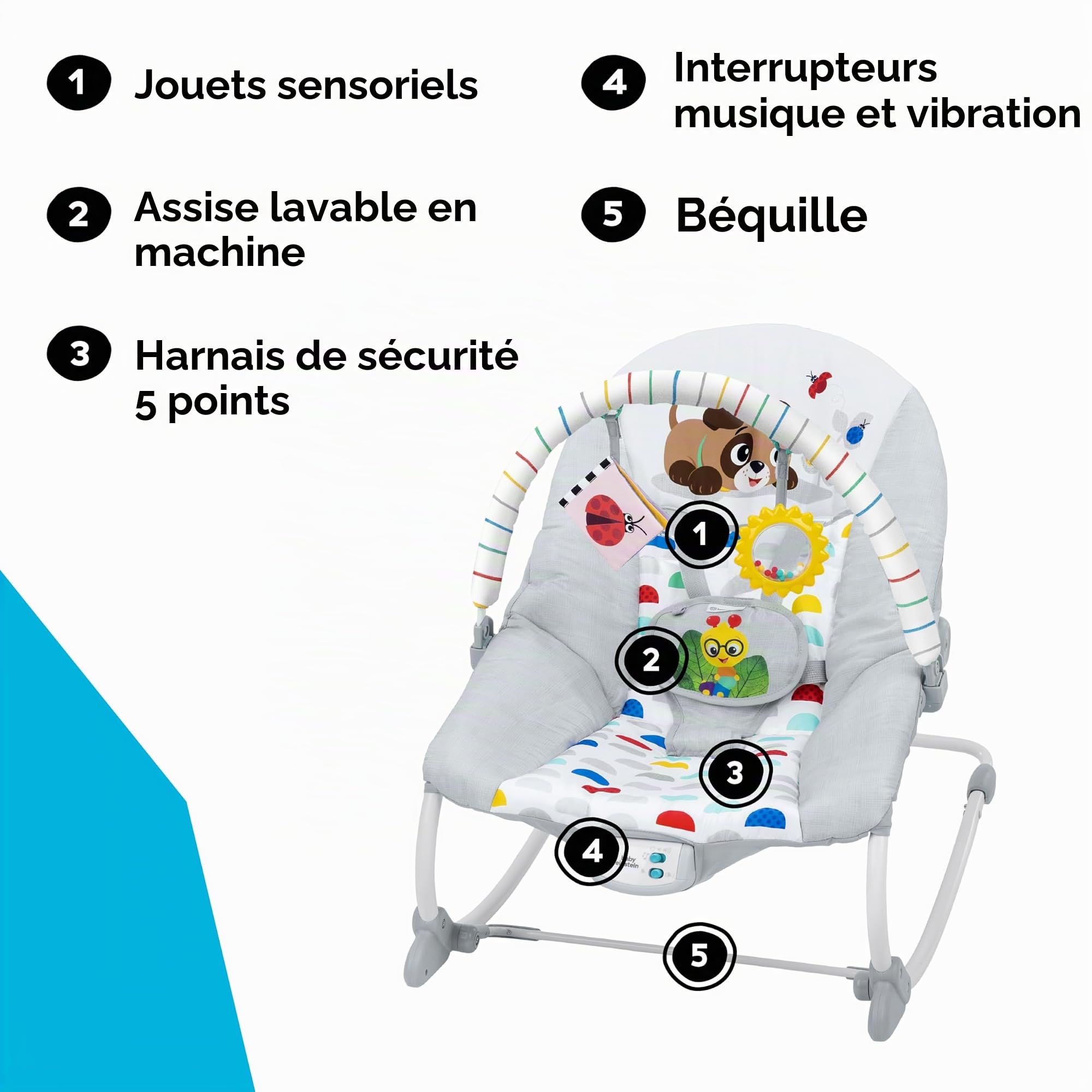 Baby Einstein, Transat Musical Dean's Discovery Spot, Transat 2-en-1 Bébé et Tout-Petit, Vibrations Apaisantes, Inclinaison 2 Positions, Jouets Amovibles, 0 Mois+, Max 18kg, 70x49x60 CM