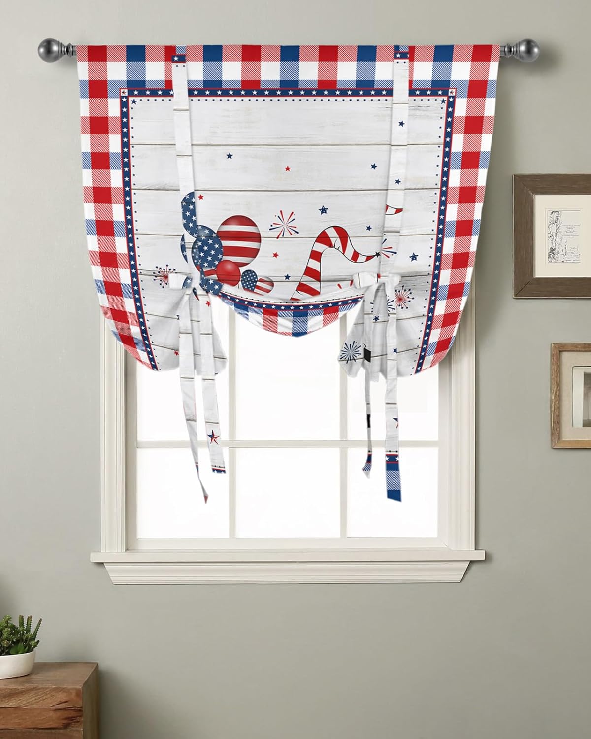 Independence Day Tie Up Window Shade Curtain Gnome 4th of July Balloon Fireworks Kitchen Adjustable Balloon Curtains Shades Drape 52x63In for Living Room/Bedroom/Cafe Windows Buffalo Check