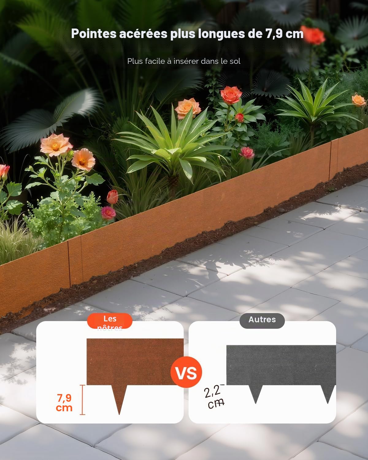 VEVOR Bordure de Jardin en Acier, Lot de 6, Bordures Paysagères en Métal, Résistant aux Intempéries, 1016 x 203,2 mm, Installation Simple, Bandes Pliables pour Séparateur de Chemin de Cour, Pelouse