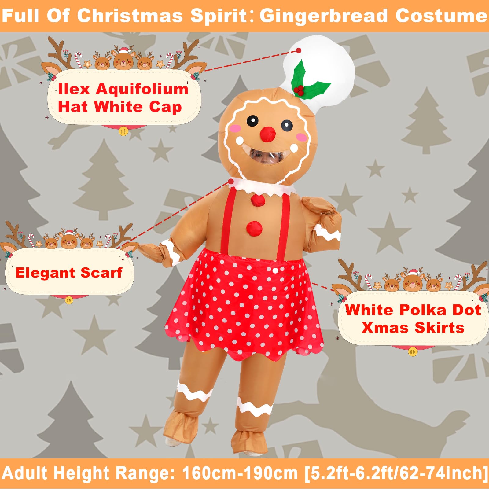 Anroong Inflatable Christmas Gingerbread Costume for Adult Halloween Blow Up Costumes Gingerbread Man for Women Funny Cosplay Party - Image 2