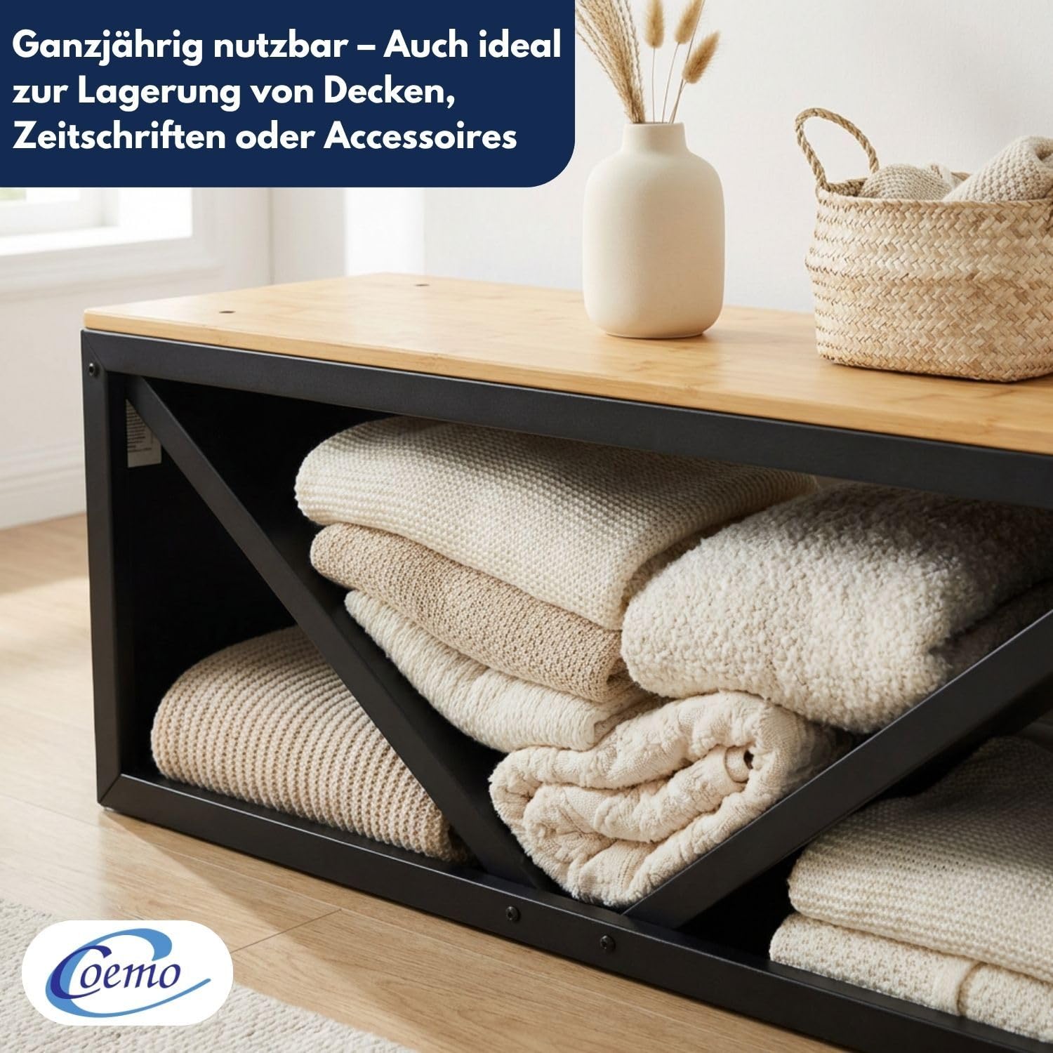 Coemo Kaminholzregal mit Sitzfläche Rudi Schwarz - Modernes Brennholzregal aus Metall & Holz, Kaminholzhalter Schwarz, Holzlager Regal Indoor, Sitzbank Kamin, Feuerholz Aufbewahrung, Kaminzubehör