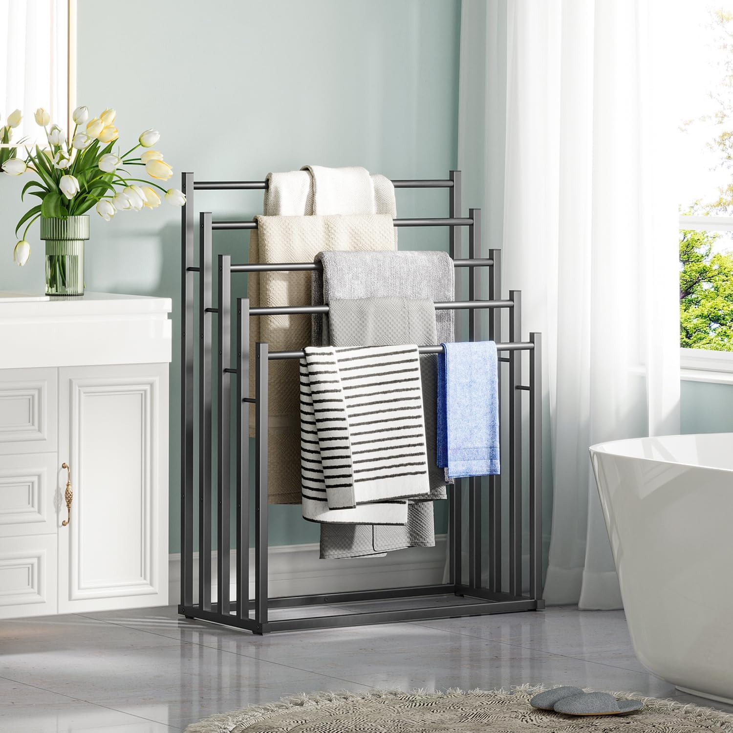 honiter towel racks for bathroom, 5 tier wide towel drying rack outdoor, free standing towel rack, pool towel blanket stand and display rack for oversized bath towels black 5 tier