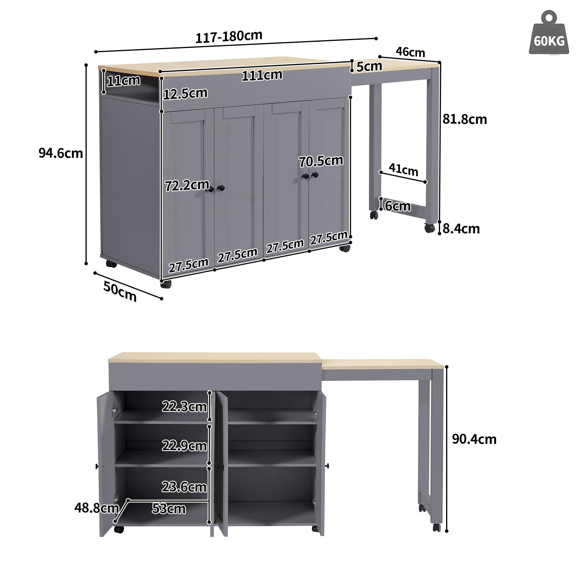 Ausziehbarer Bartisch mit Vielseitiger Stauraum, 360° Drehbarer Stehtisch Kücheninsel mit Verstellbare Tischplatte 131.5-210cm, Kücheninsel mit Rollen, Grau-B, 210x45x92 cm(Ohne Hocker)