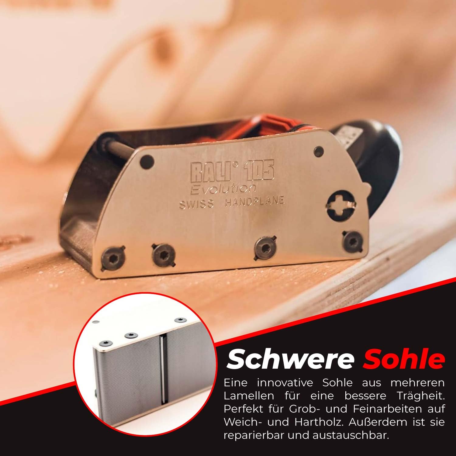 RALI 105 EVOLUTION N: Profi Einhandhobel l ohne Nachschärfen mit 4 Wendemessern | Einfache Einstellung von Schnitttiefe und Spanbrecher | Schweizer Handhobel für Schreiner und Tischler