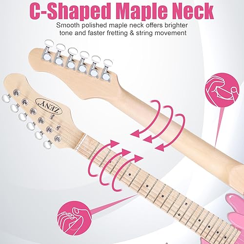 Vista 5 de ZENY Guitarra eléctrica infantil de 30 pulgadas con amplificador de 5 W, bolsa de concierto, correa, cable, cuerdas y púas, kit de accesorios Rosa