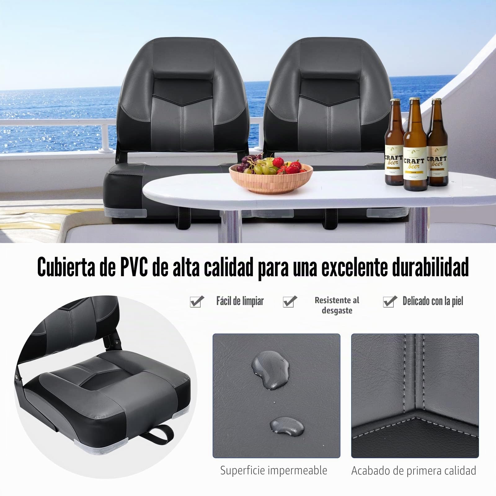GOPLUS Juego de 2 Asientos de Barco, Silla Plegable para Barco Impermeable, Asiento Yate Ergonómico con Correas y Tornillos de Fijación, 42 x 50 x 52 cm, para Pescar, Pilotaje, Barco de Pesca (Negro)