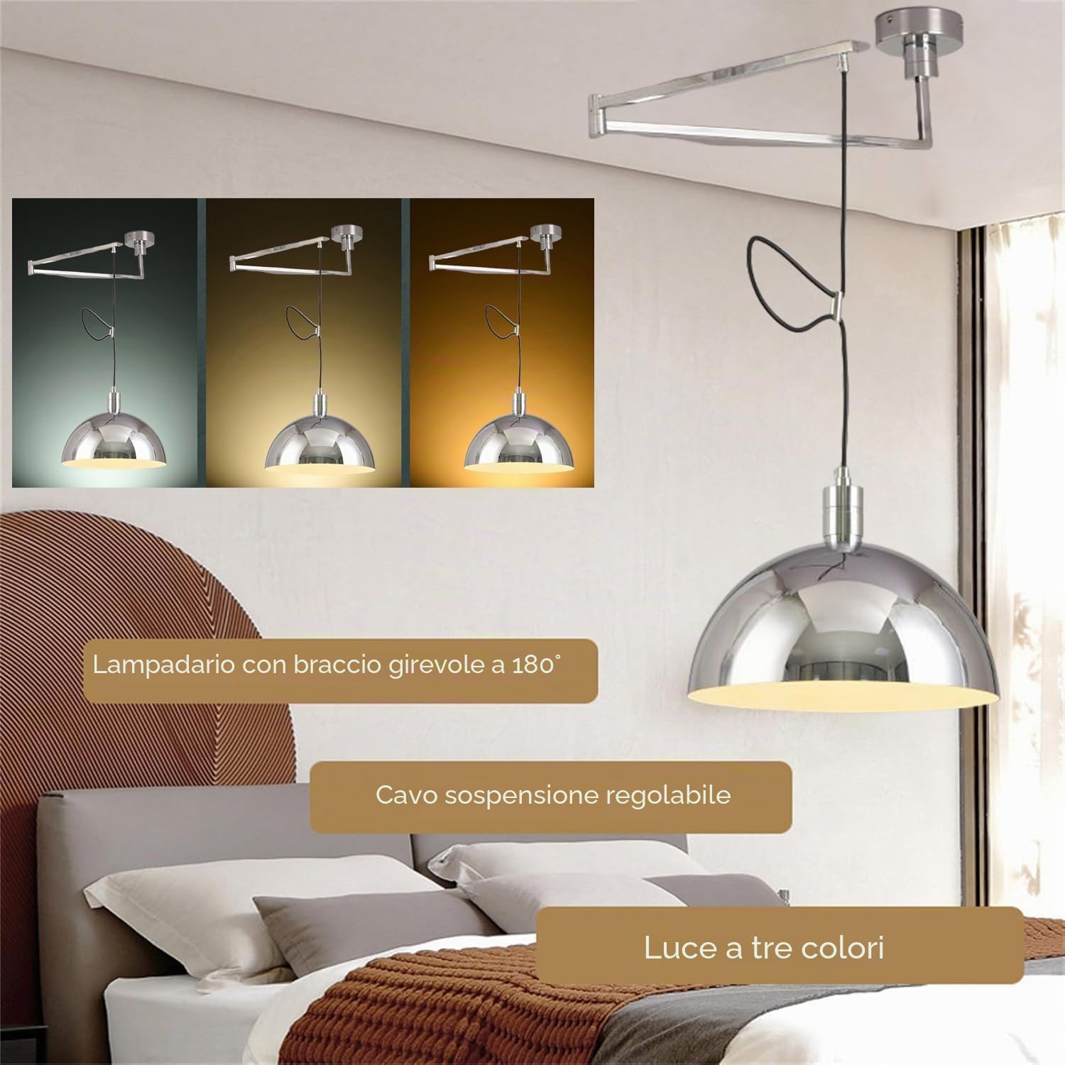 Lampadario a Braccio Oscillante a Sospensione Plafoniera con Braccio Regolabile Lampadario a Sospensione con Braccio Oscillante a 3 Colori Luce da Soffitto Industriale Lampadario a Cupola per Sala da