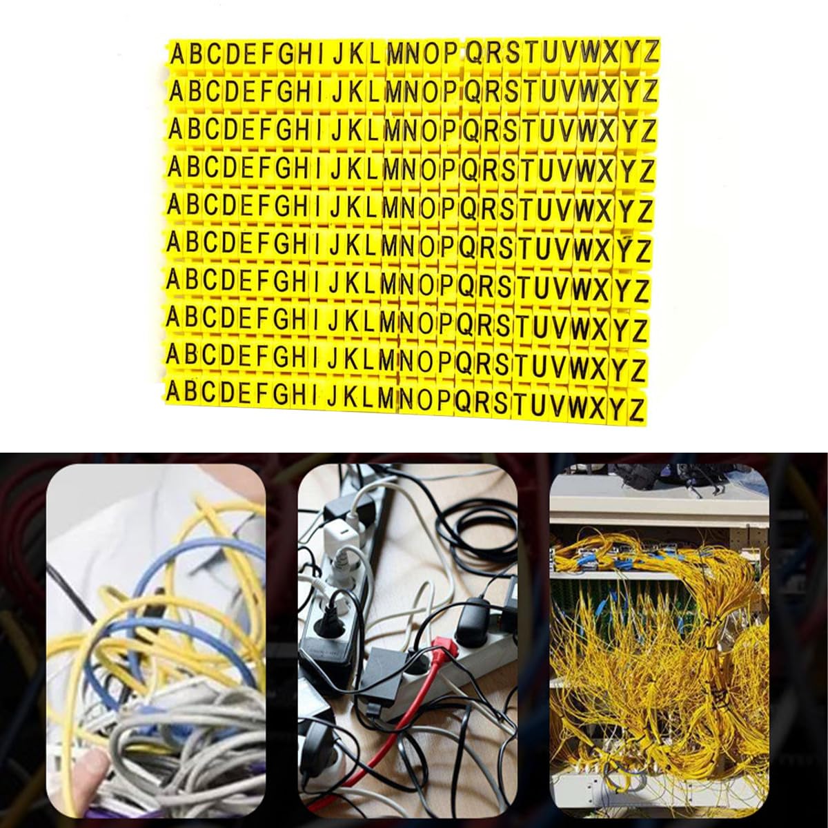260 szt. żółtych znaczników numerujących przewodów, A-Z, etykiety na kable 2,5 mm, wzór w kształcie litery M, do instalacji światłowodowych w sieci elektrycznej