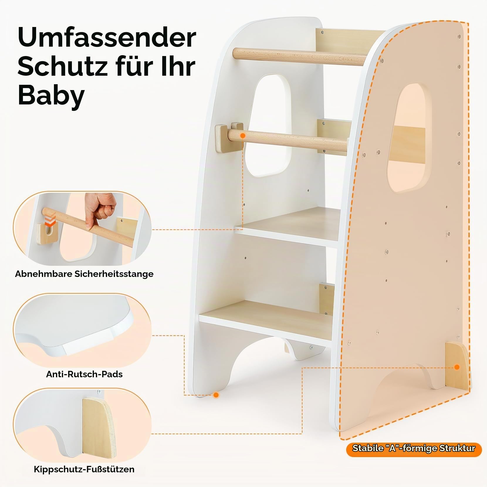 Ezebaby Lernturm ab 1 Jahr, Learning Tower, Höhenverstellbar Montessori Lernturm mit Kippschutz, Abnehmbare Sicherheitsgeländer, Massiv und Stylisch (Weiß)