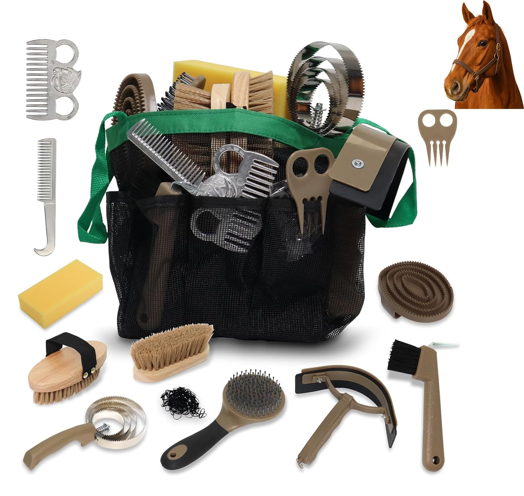 Pferdepflegeset 14-teiliges, Pferdebürsten-Set für die Pflege & das Baden mit Mähnen- & Schweifkamm, Currybürste, Hufkratzer, Handschuhe & Mesh-Tasche für die Pferdepflege