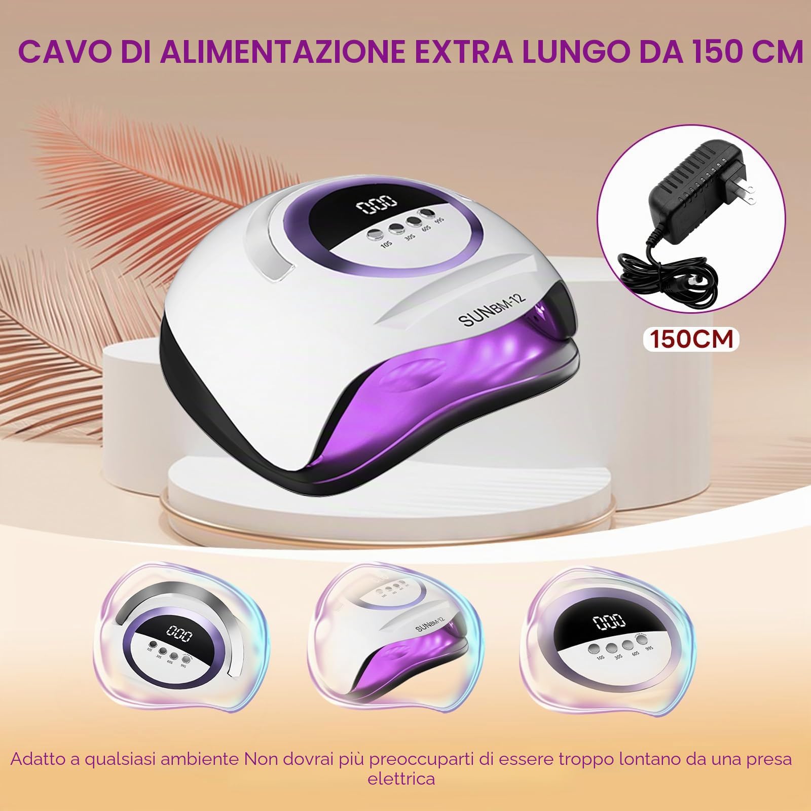 Lampada per unghie UV LED da 300 W, asciuga unghie professionale, smalto gel, luce UV per unghie con 72 perline, 4 impostazioni timer, sensore automatico, display LCD