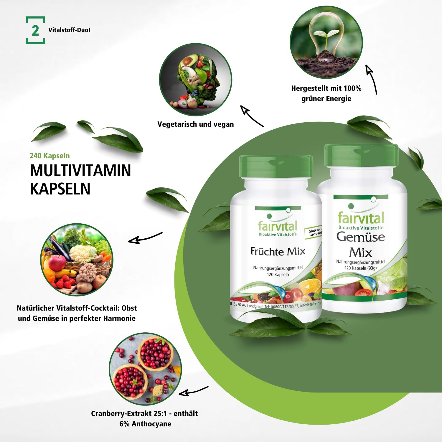 fairvital Multivitamin Kapseln aus Obst und Gemüse-Pulver, 240 Kapseln (120x2), Natürlich, hochdosiert & Vegan, mit Vitaminen & Mineralien, Früchte & Gemüse Mix
