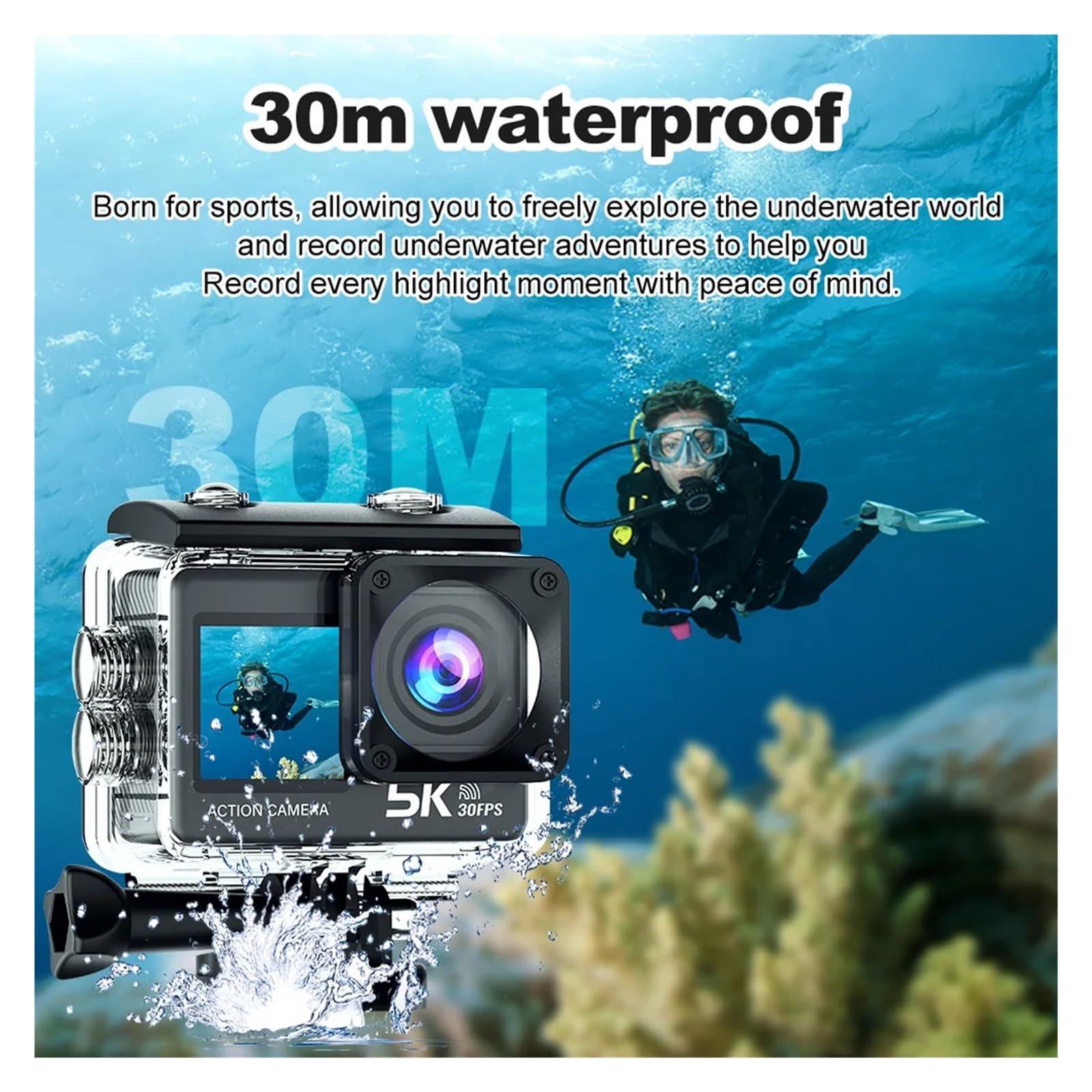 Macchina fotografica di azione 5K 4K60FPS Touch screen da 2,0 pollici Wi-Fi 170 ° Grandangolo 30M Casco impermeabile Registrazione video Telecamere sportive