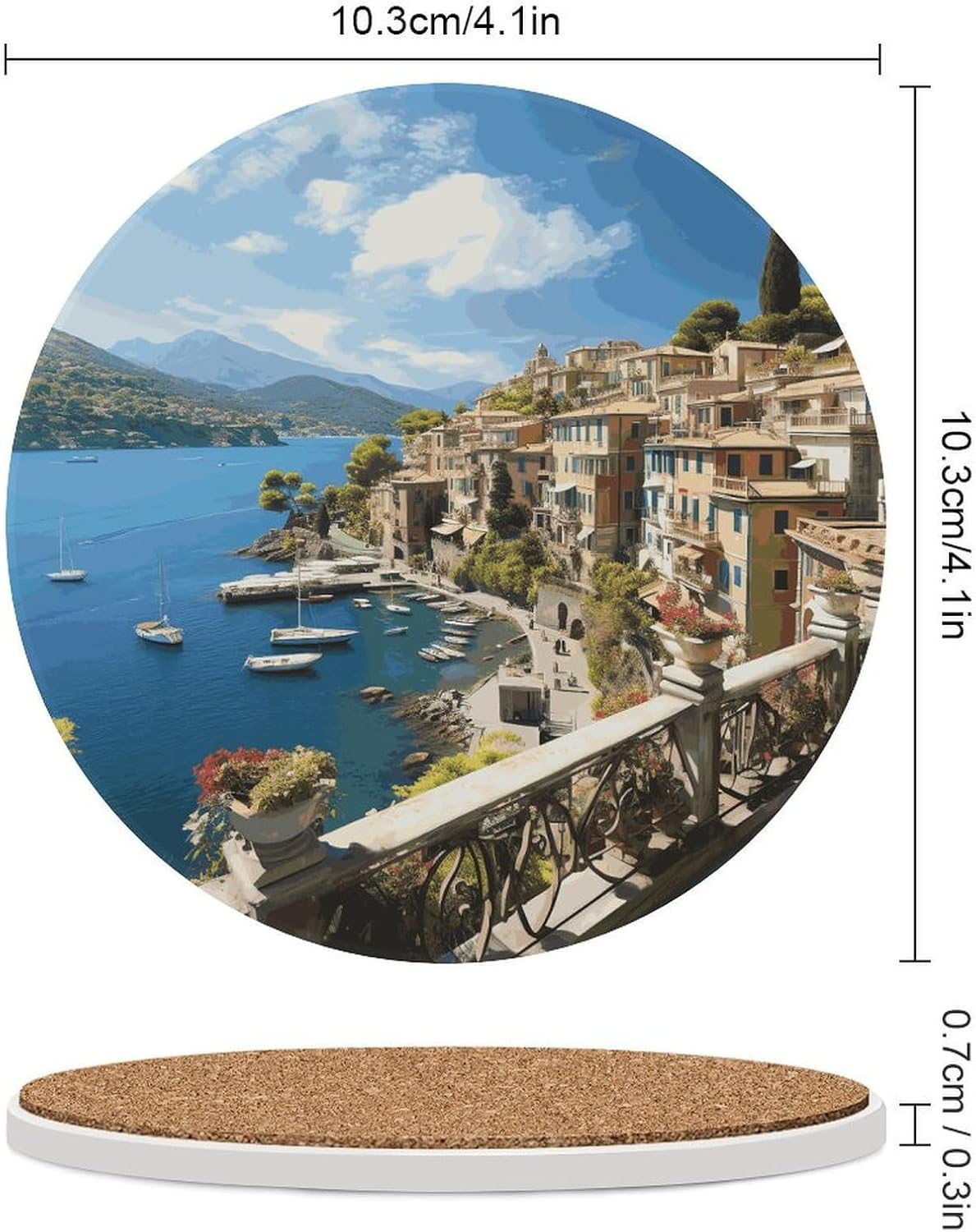 Mediterranean View Coasters Round Coasters Set Ceramic Stone Coaster with Cork Base Coffee Cup Beverage Cup Mat Cute Funny Table Drinks Coaster for Mugs and Cups Office Kitchen
