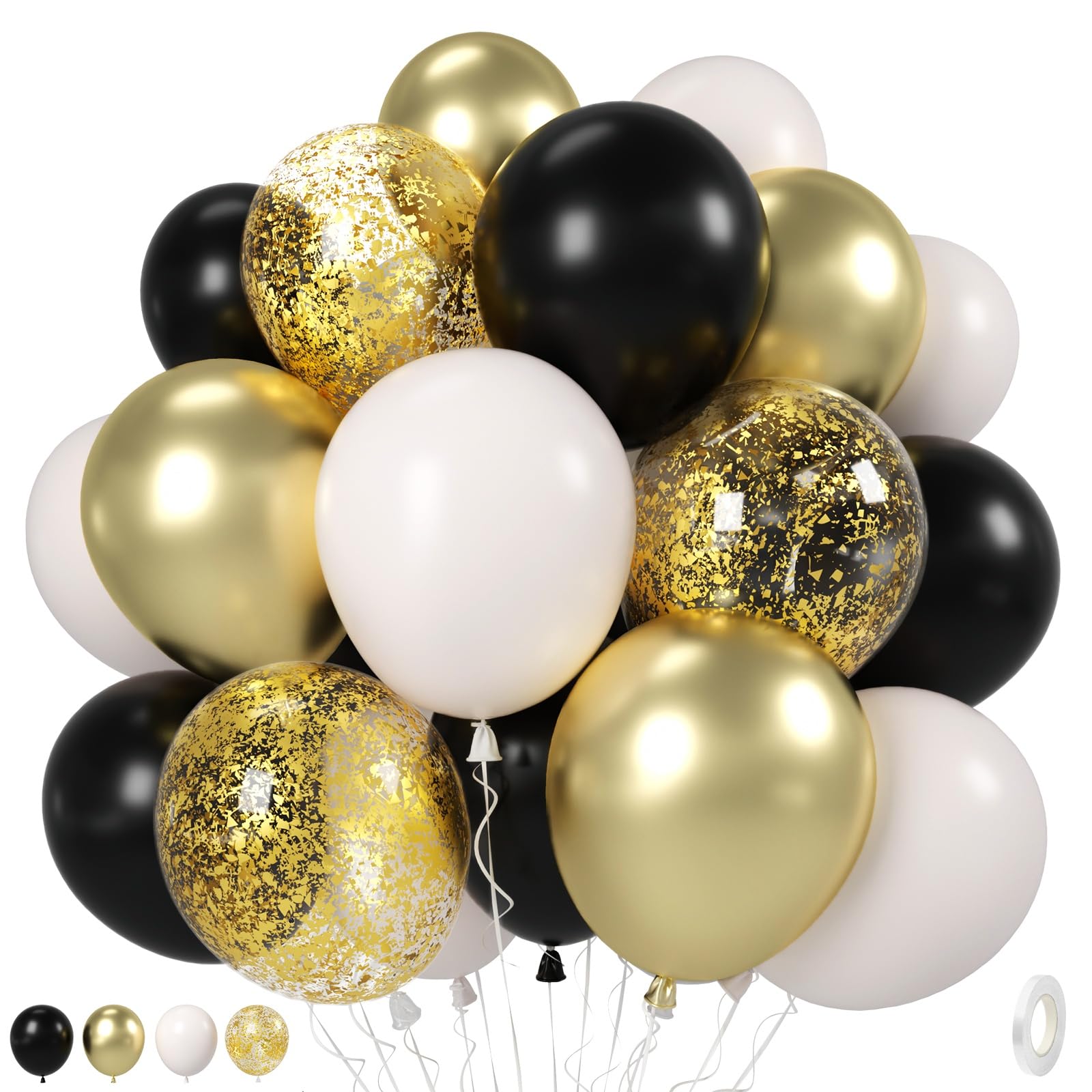 Schwarz-Weiß-Gold-Luftballons, 35 cm, 35 Stück, Schwarz und Weiß, Luftballons mit metallisch-goldenem Konfetti-Ballons für Abschlussfeier, Neujahr, Hochzeit, Ruhestand, Brautparty, Babyparty