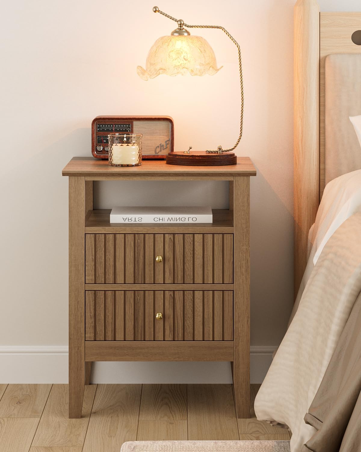 Fluted Nightstand, Farmhouse Night Stand with 2 Drawers, Mid Century Modern Side Accent Table,Bedside End Table for Bedroom, Living Room, Natural