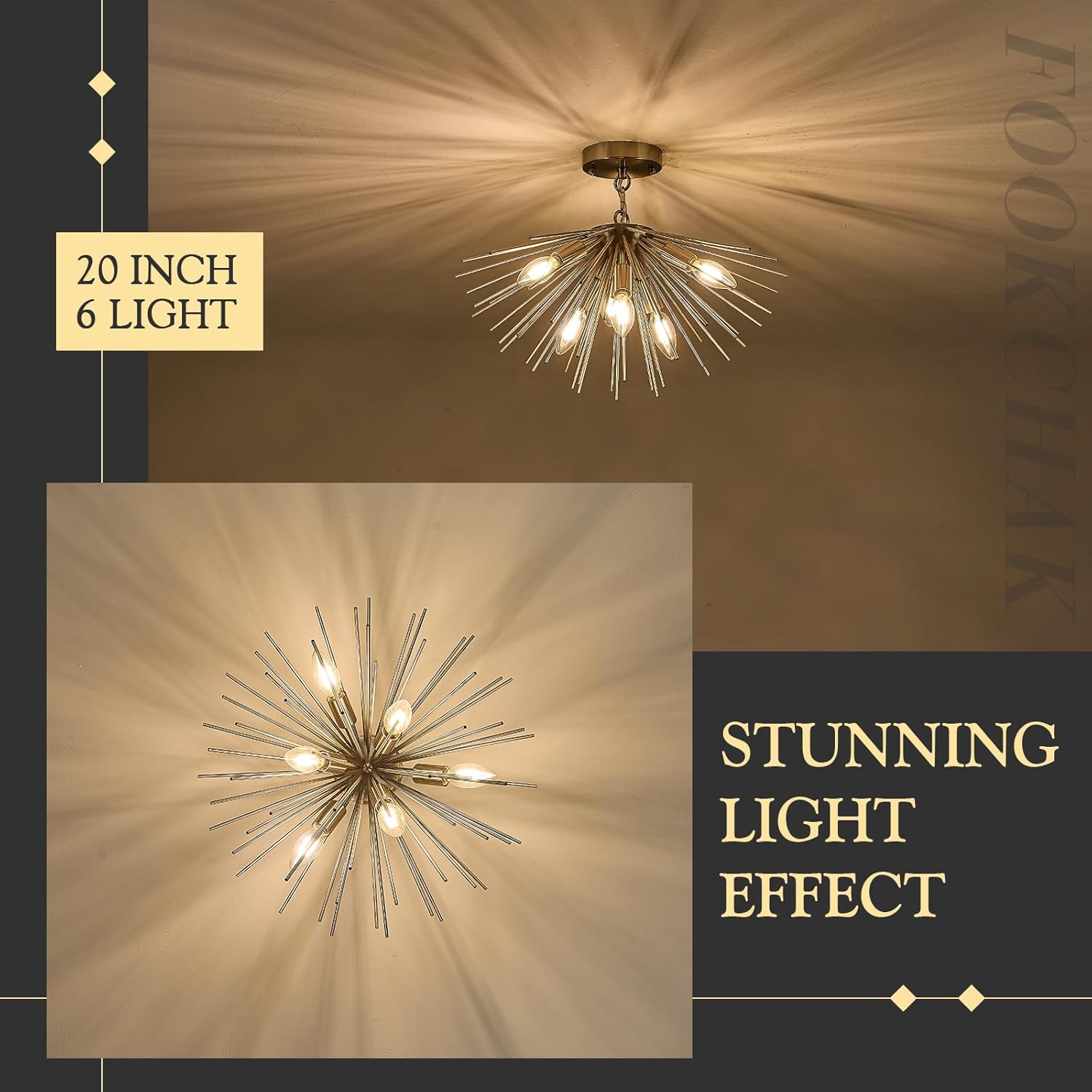 Nickel Sputnik Ceiling Light, 6-Light Starburst Chandelier Ceiling Lights Mid Century Modern Satellite Flush Mount Light Solid Metal for Entry Kitchen Sink Dining Room