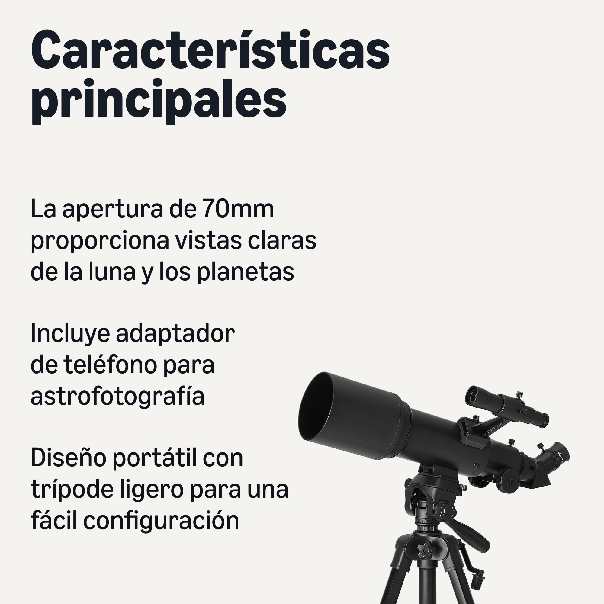 Amazon Basics Telescopio, Apertura de 70mm y Montura AZ de 400mm, portátil con trípode, Soporte para teléfono, Bolsa, Negro