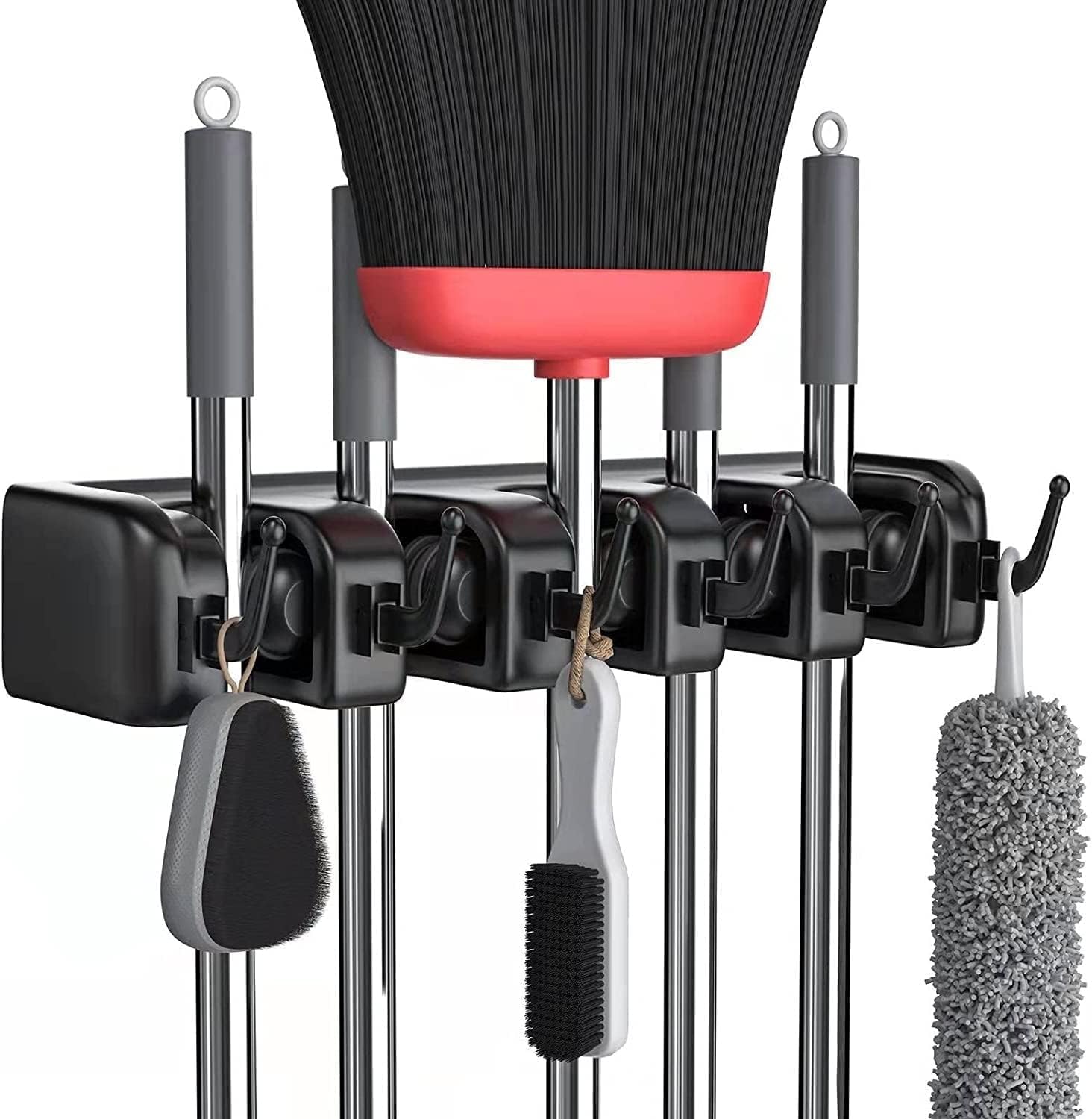 Craftyfox Mop and Broom Holder, 5 Position with 6 Hooks Garage Storage Holds up to 5 Tools, Storage Solutions for Broom Holders, Garage Storage Systems Broom Organizer for Garage Shelving Ideas