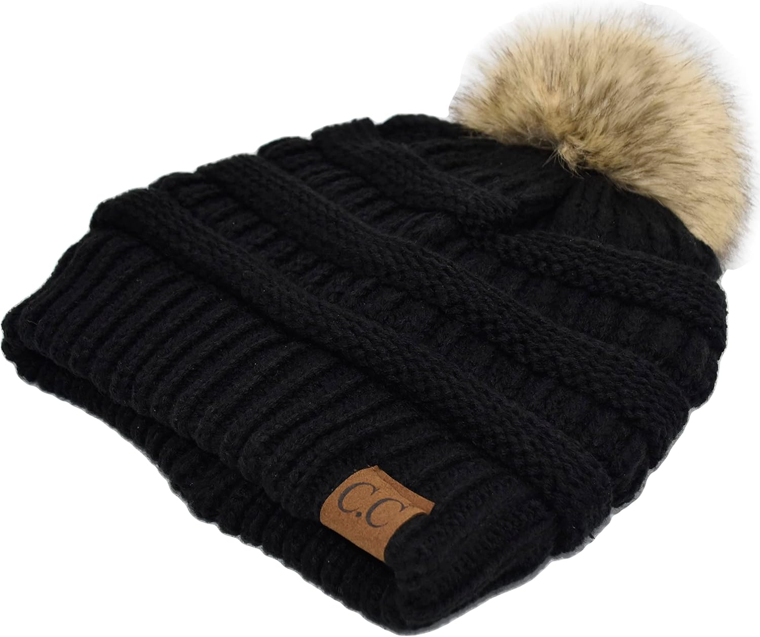 C.C Trendy Fuzzy Fleece Lined Warm Comfortable Soft Stretch Cable Knit Ribbed Faux Fur Pom Pom Beanie Hat - Image 7