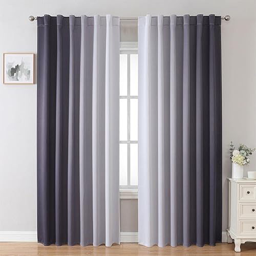 MIUCO Cortinas opacas y cortinas para dormitorio, sala de estar, 84 pulgadas de largo, color gris y blanco, cortinas de oscurecimiento de