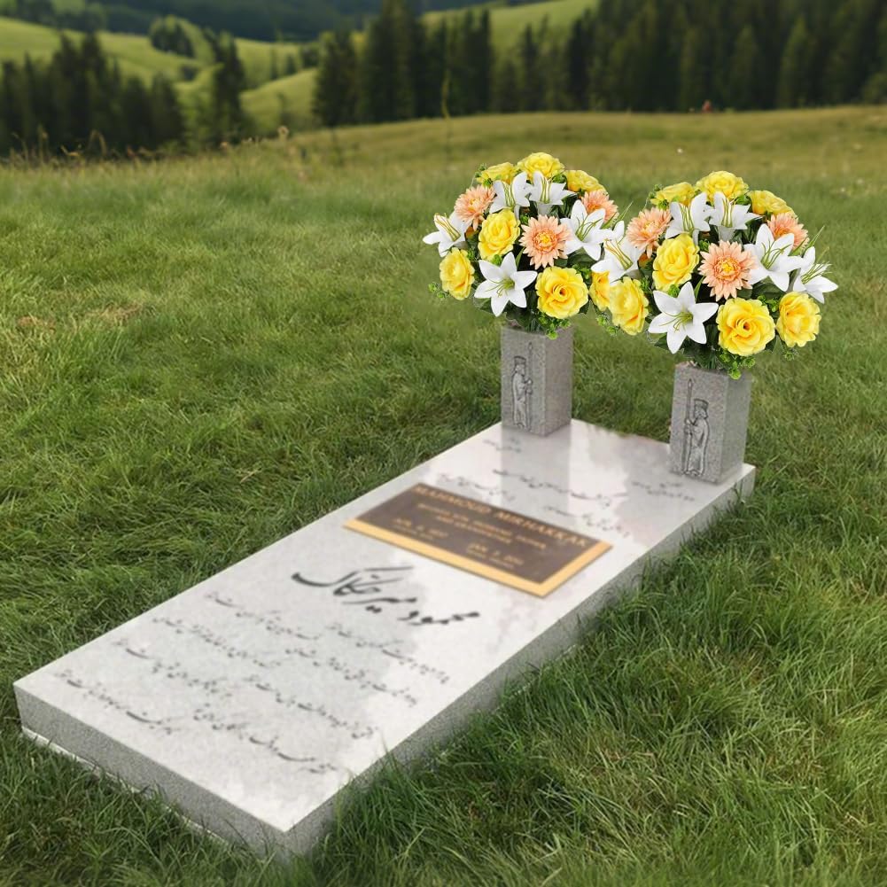 GnFlus Cemetery Flowers for Grave 2 Pack Cemetery Decorations for Grave Flowers Yellow Rose Lily Chrysanthemum Arrangements Bouquet Silk Artificial Flowers for Outdoors Gravesite Graveyard Headstones