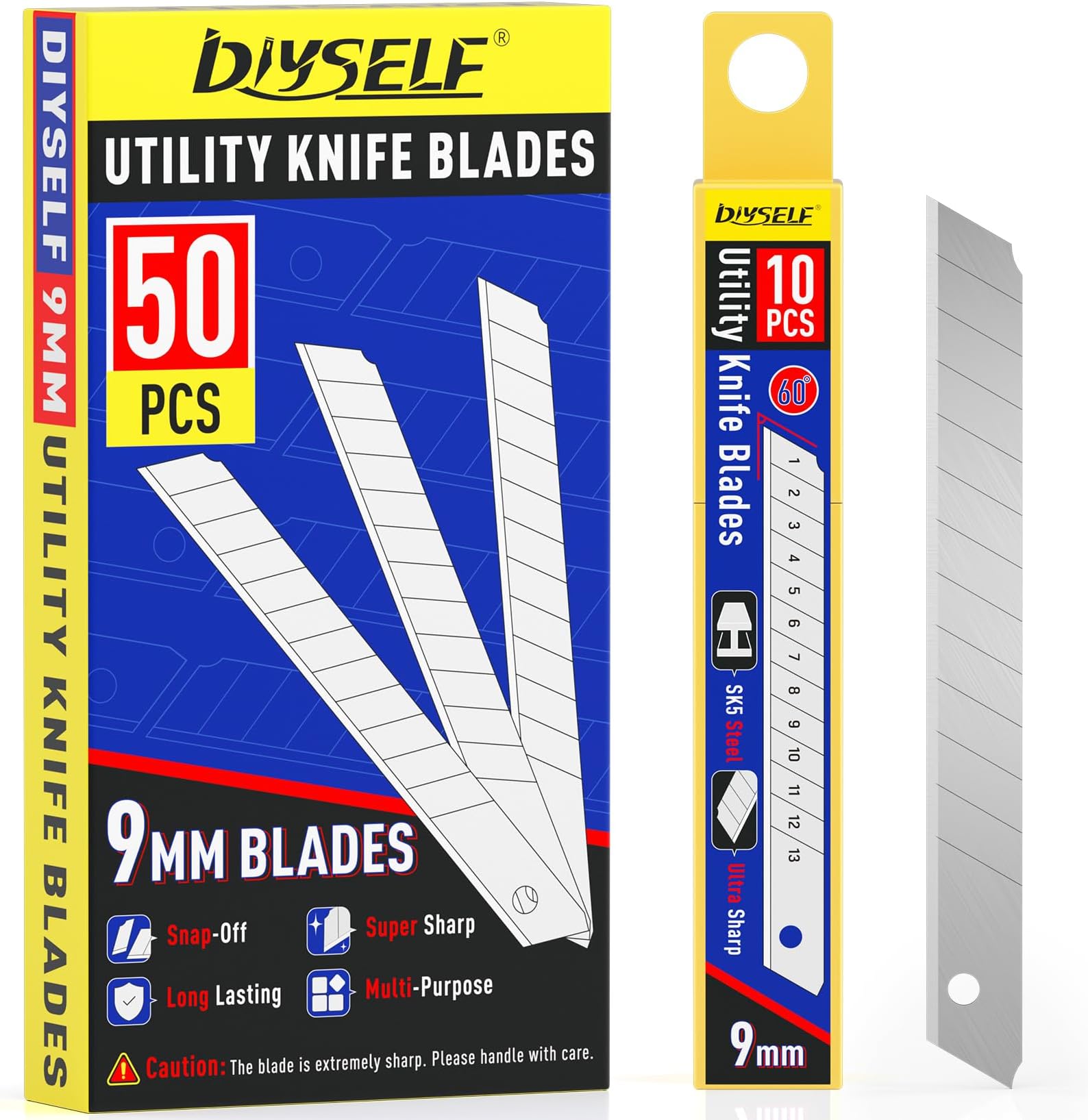 DIYSELF 50Pcs 9mm Utility Knife Replacement Blades, Snap Off Blades for 9MM Universal Box Cutters (60ยฐ)
