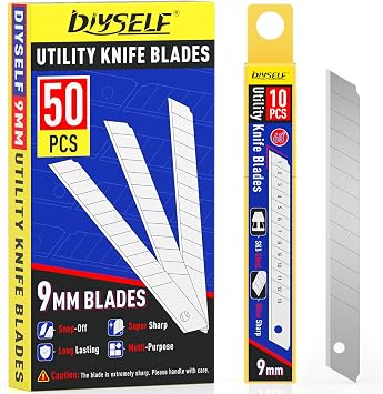 DIYSELF 50Pcs 9mm Utility Knife Replacement Blades, Snap Off Blades for 9MM Universal Box Cutters 60