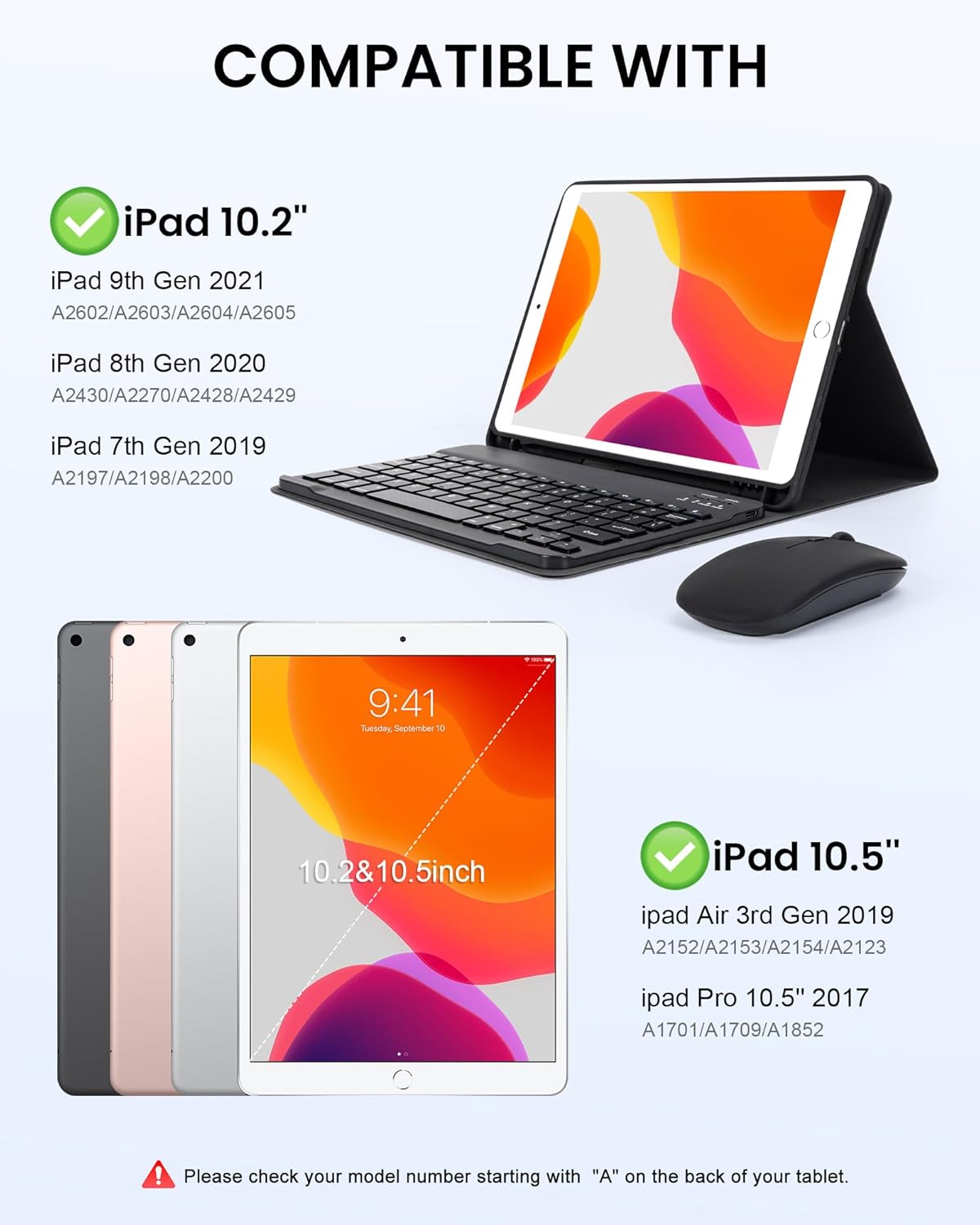 for iPad 10.2" 9th 8th 7th Generation Keyboard Case with Mouse, 10.5 inch iPad Air 10.5"(3rd Gen)/iPad Pro Case with Keyboard and Mouse & Pencil Holder, Wireless, Bluetooth, Detachable, Black