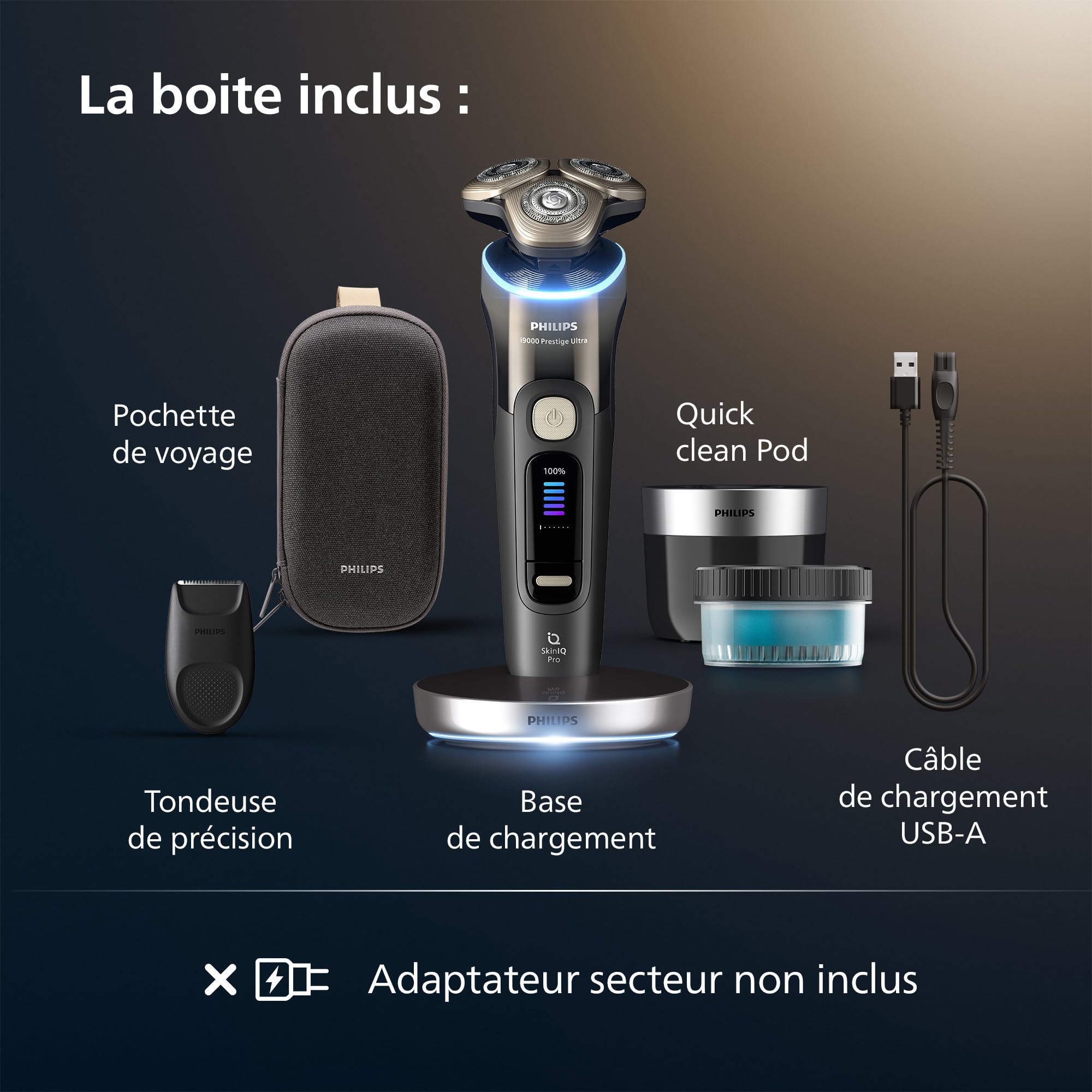 Philips Rasoir i9000 Prestige Ultra, rasoir électrique 100% étanche, technologie Skin IQ Pro, système Triple Lift & Cut, lames de précision NanoTech rotatives à 360°, 5 modes de rasage, XP9405/31