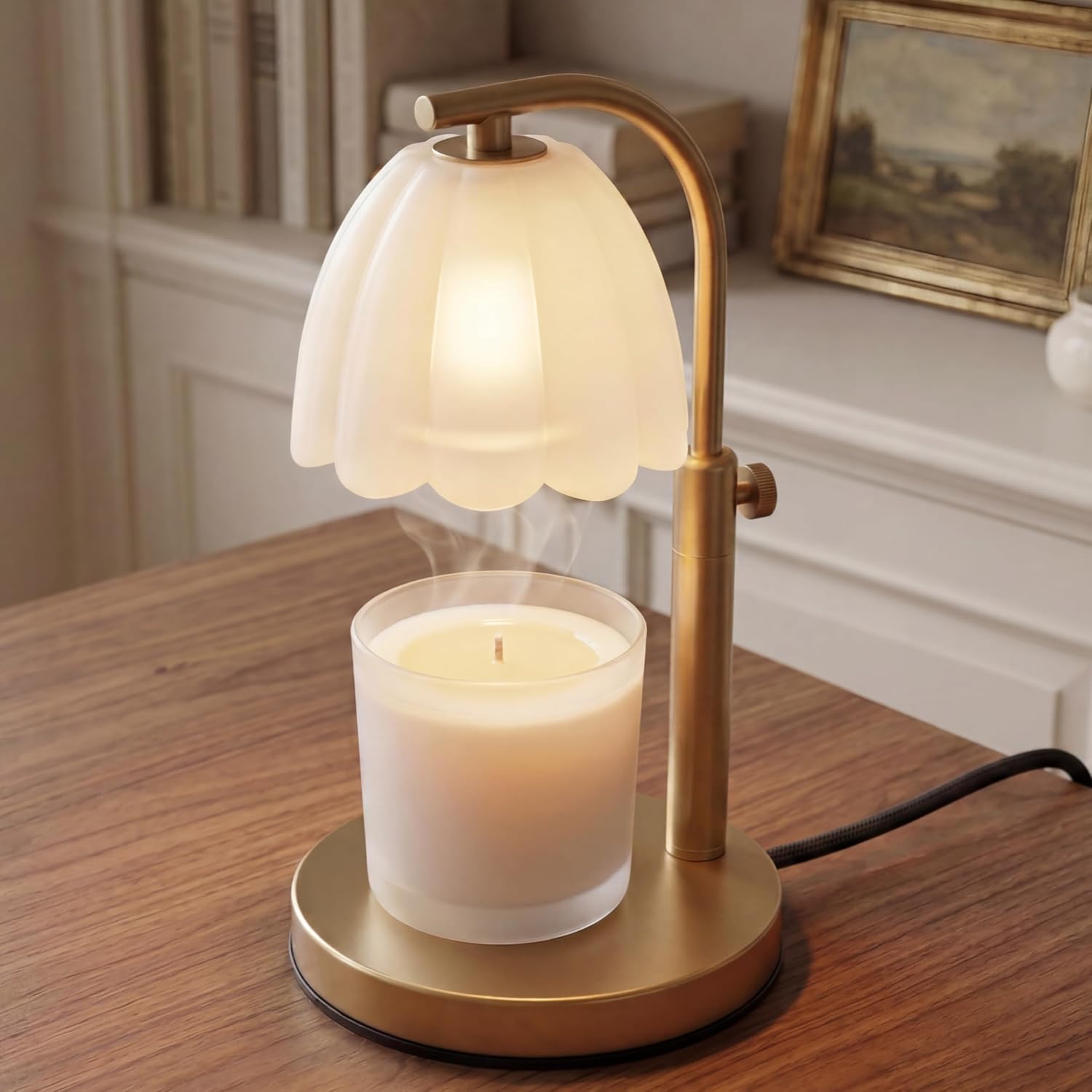 Scalloped Glass Candle Warmer Lamp with Timer (2H/4H/8H) - Dimmable & Adjustable Height - Wax Melter for Large & Small Jar Candles - 2 Bulbs - Gold Metal - Flameless Home Decor Gift for Women (White)