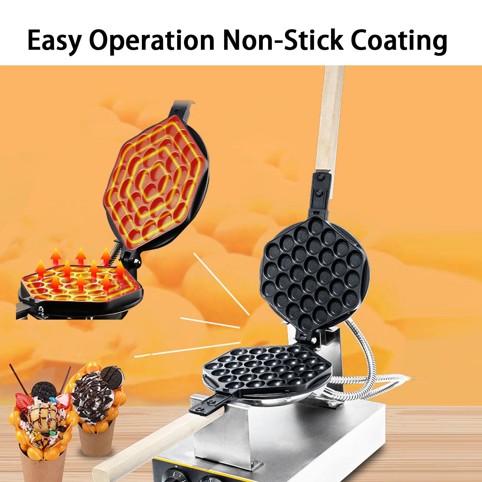 Máquina para Hacer Gofres Burbujas Comercial,Plancha Hojaldre con Burbujas Huevo 1400 W/Mango Madera Y Giratorio 180°,Panadero Acero Inoxidable,Ajustable A 50-250 ℃