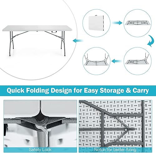 Miniatura 4 de GYMAX Mesas plegables de 6 pies, mesa de campamento portátil ligera con asa de transporte, fácil de plegar para interiores y exteriores, mesa