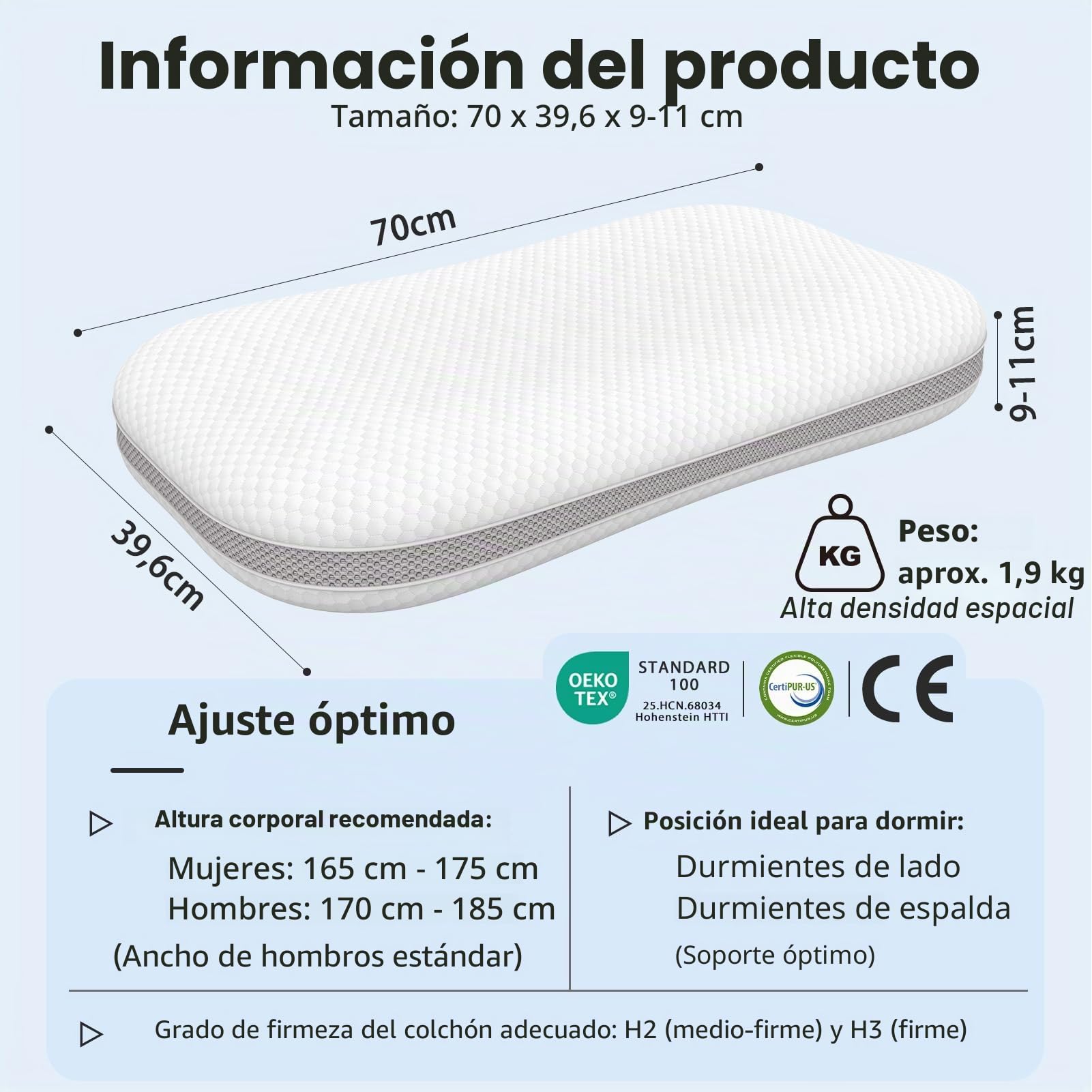 Almohada Cervical - Almohada de Cuello Ajustable en Altura para Alivio del Dolor de Cuello - Almohada Ergonómica de Espuma Viscoelástica para Dormir - Funda Lavable, 70x39.6CM