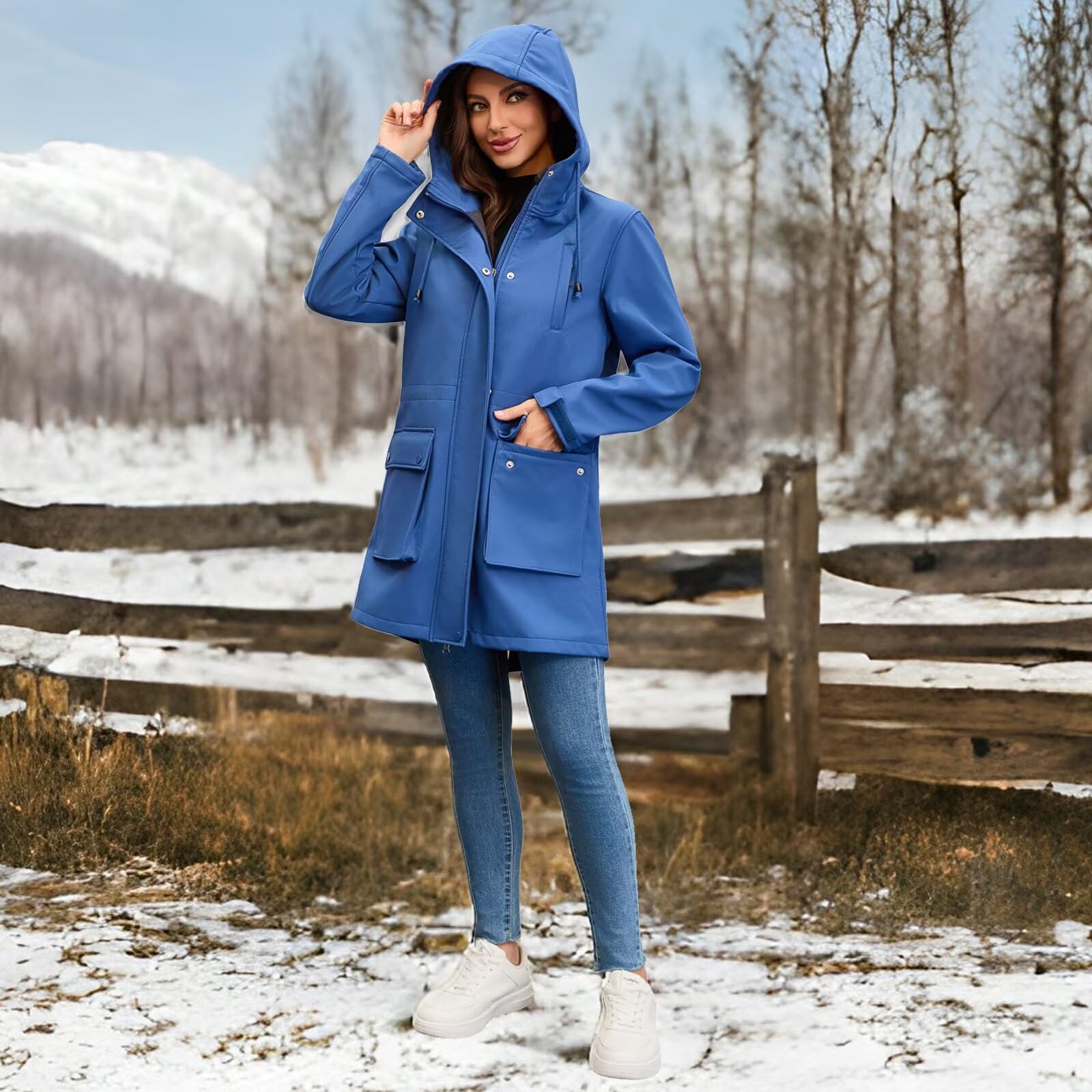 Chiguo Chaqueta impermeable ligera de invierno para mujer, abrigo cálido con forro polar, chaqueta larga de softshell