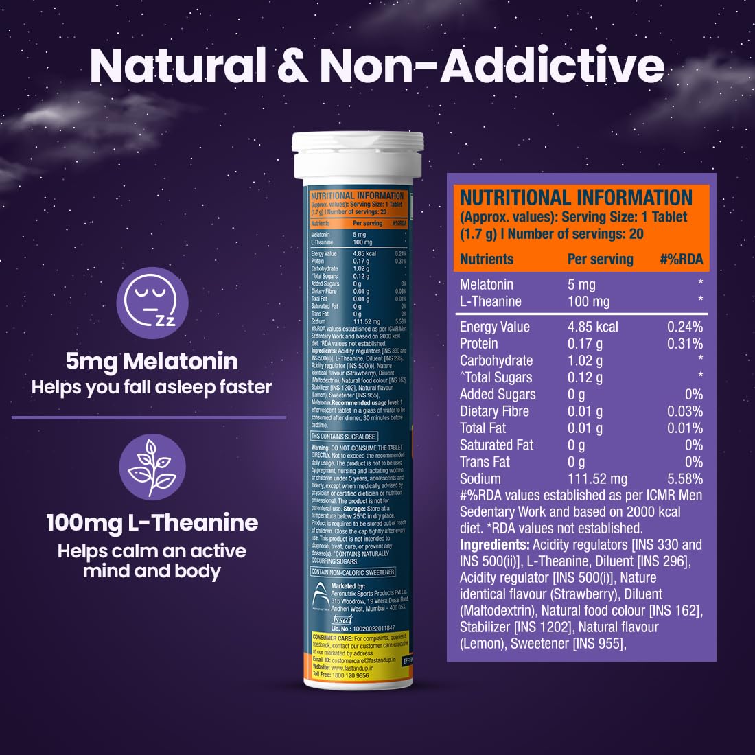 Fast&Up Melatonin with 5 mg Melatonin + 100 mg L-Theanine (60 Effervescent tablets) | Helps fall asleep faster & Wake up refreshed | Fast Acting, 100% Natural, Non-Addictive - Strawberry flavour 2