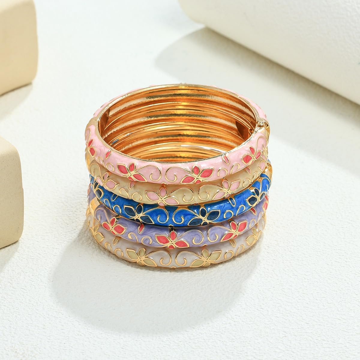 Cloisonne Bracelet For Women, 4 Petals of Flower Shaped Enamel Bling Chunky Bangle Trendy Cute Colorful Gold Plated Vintage Bracelets Stackable Wife Jewelry Friendship Gift - Image 7