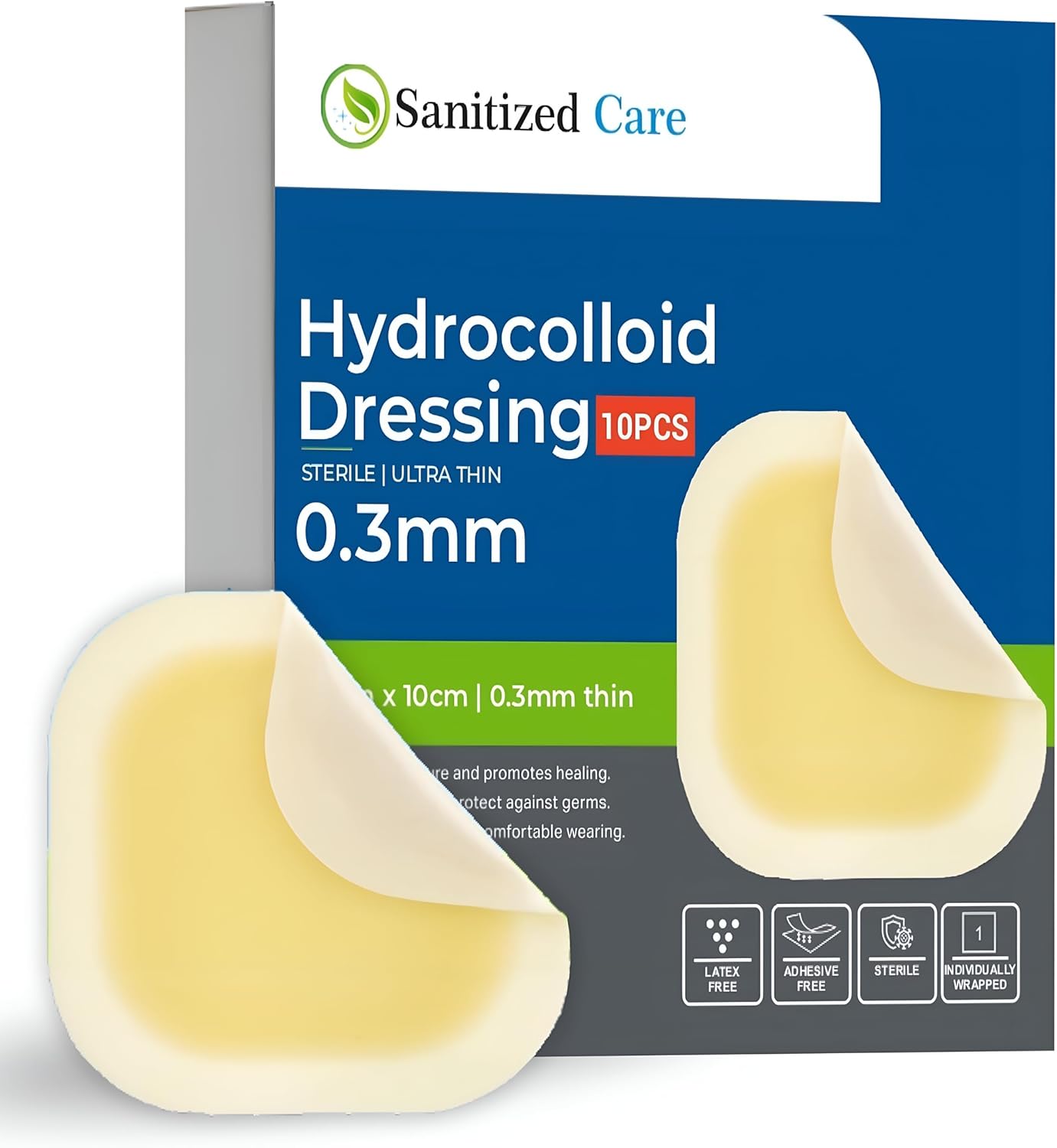 Hydrocolloid Dressing (10 Pack) 4x4 – 0.5mm, Thin Hydrocolloid Bandage, Wound Care Adhesive Pads for Acne, Blisters, Bed Sores & Ulcer