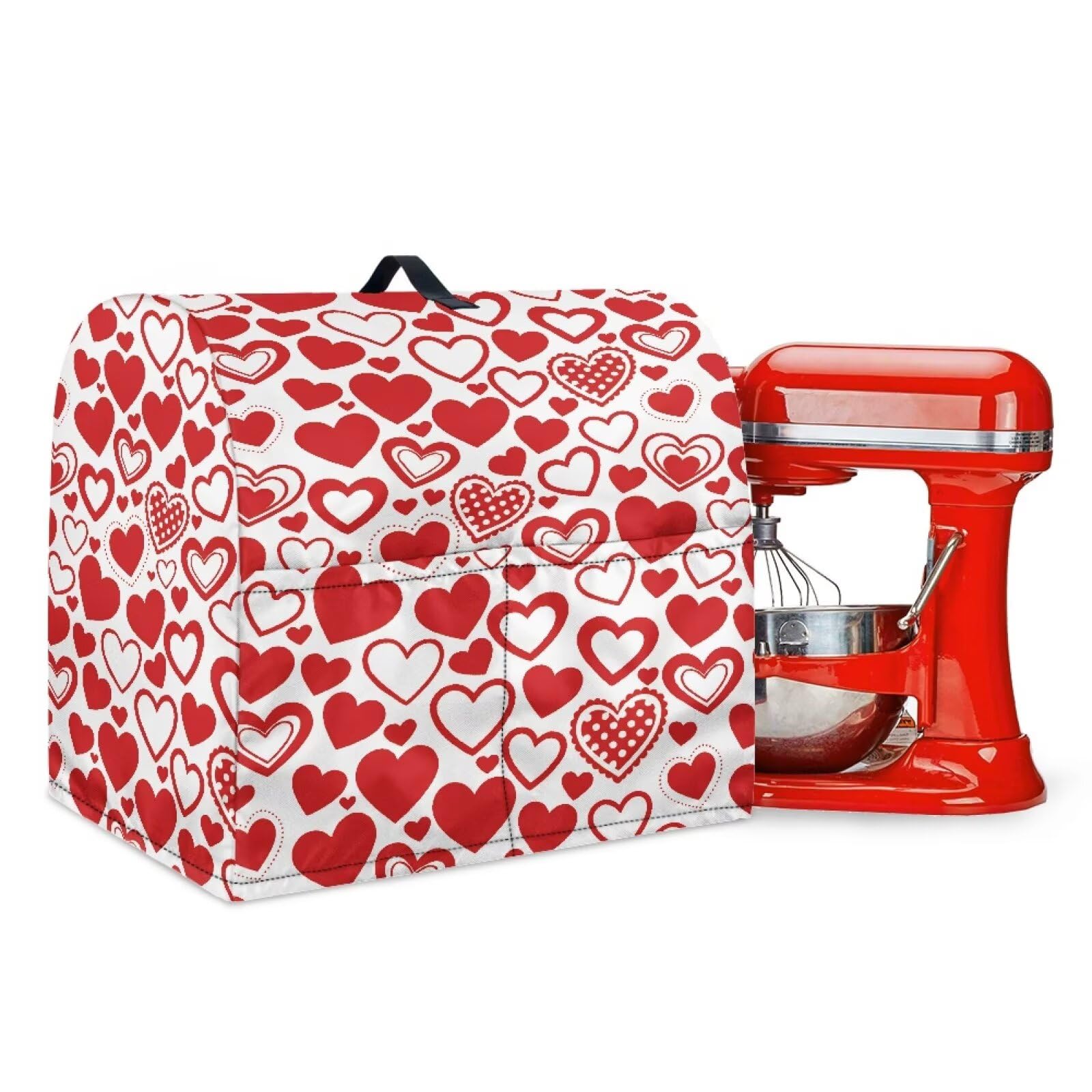 Talayituse Red Heart Print Stand Mixer Cover Compatible with Kitchen Aid 6-8 Quart Bowl Lift Model, Dust Cover with Handle for Coffee Maker, Valentine's Day Decor, Large