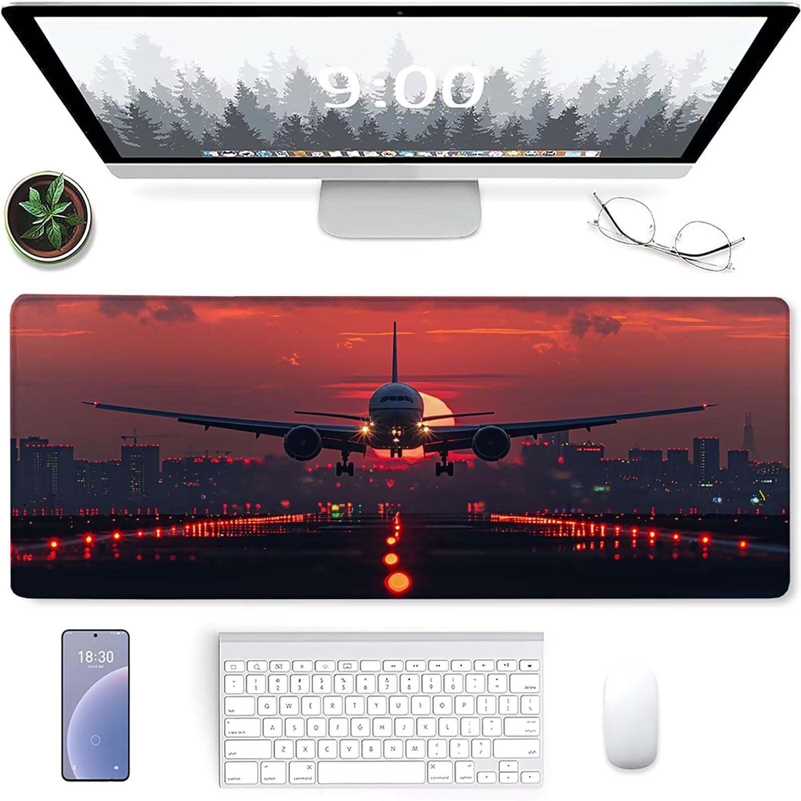 Tappetino Mouse XXL 1200x600 mm, Tappetino Mouse Rosso, Gaming Mouse Pad con Bordi Cuciti, Sottomano Scrivania con Base in Gomma Antiscivolo, Accessori Scrivania e Accessori Gaming, Aereo 4-3912