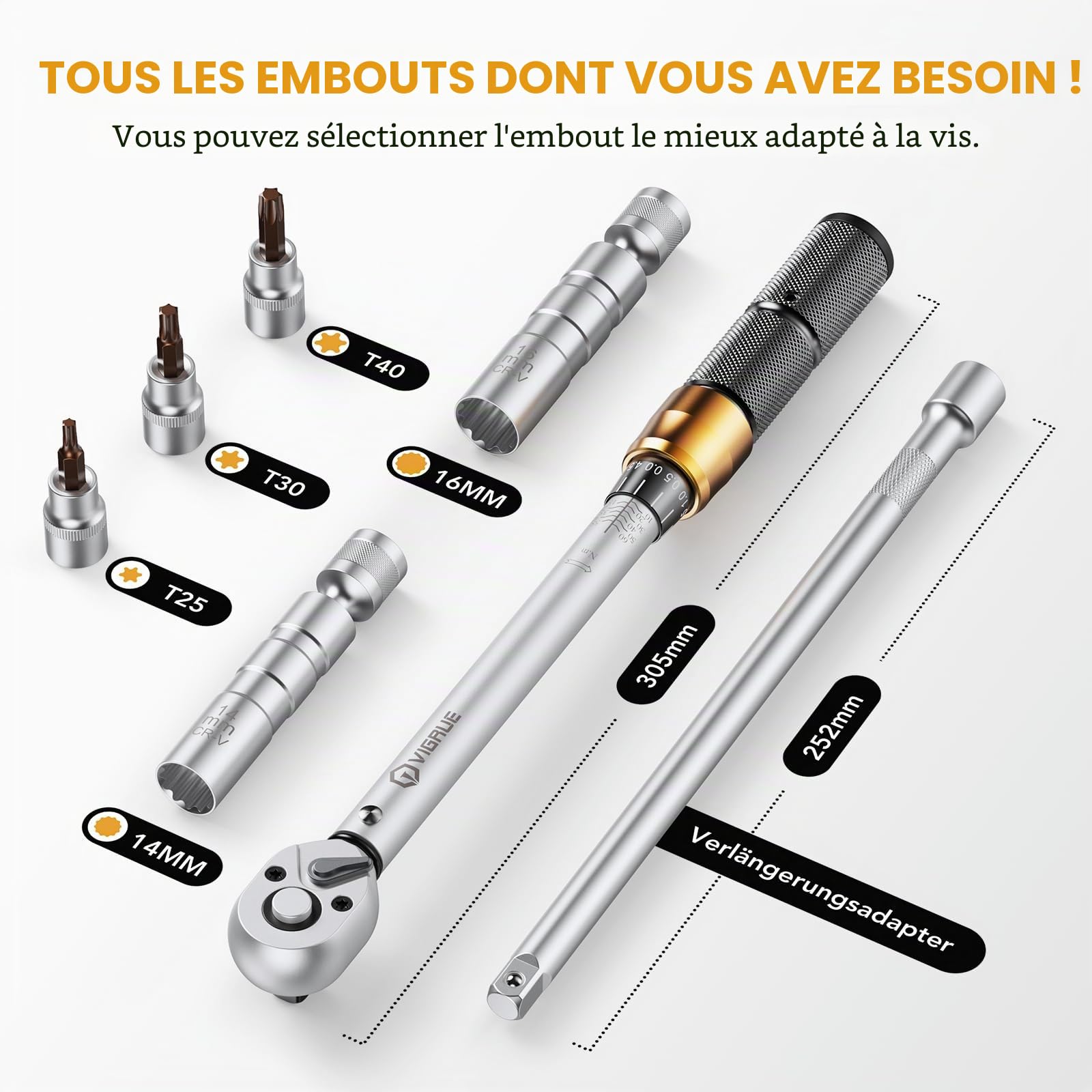 VIGRUE Clé dynamométrique pour vélo, 3/8", 10-60 Nm, précision d'erreur ±3% avec tige d'extension, joint universel, douille de bougie d'allumage, embouts pour vélo, moto et voiture