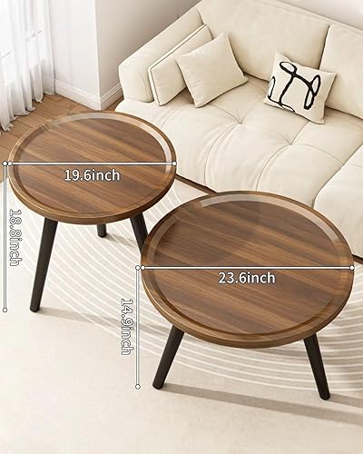 Miniatura 2 de Juego de 2 mesas de centro redondas anidadas, mesa de té de nogal para espacios pequeños, mesa central circular de madera con acanaladas, mesas de